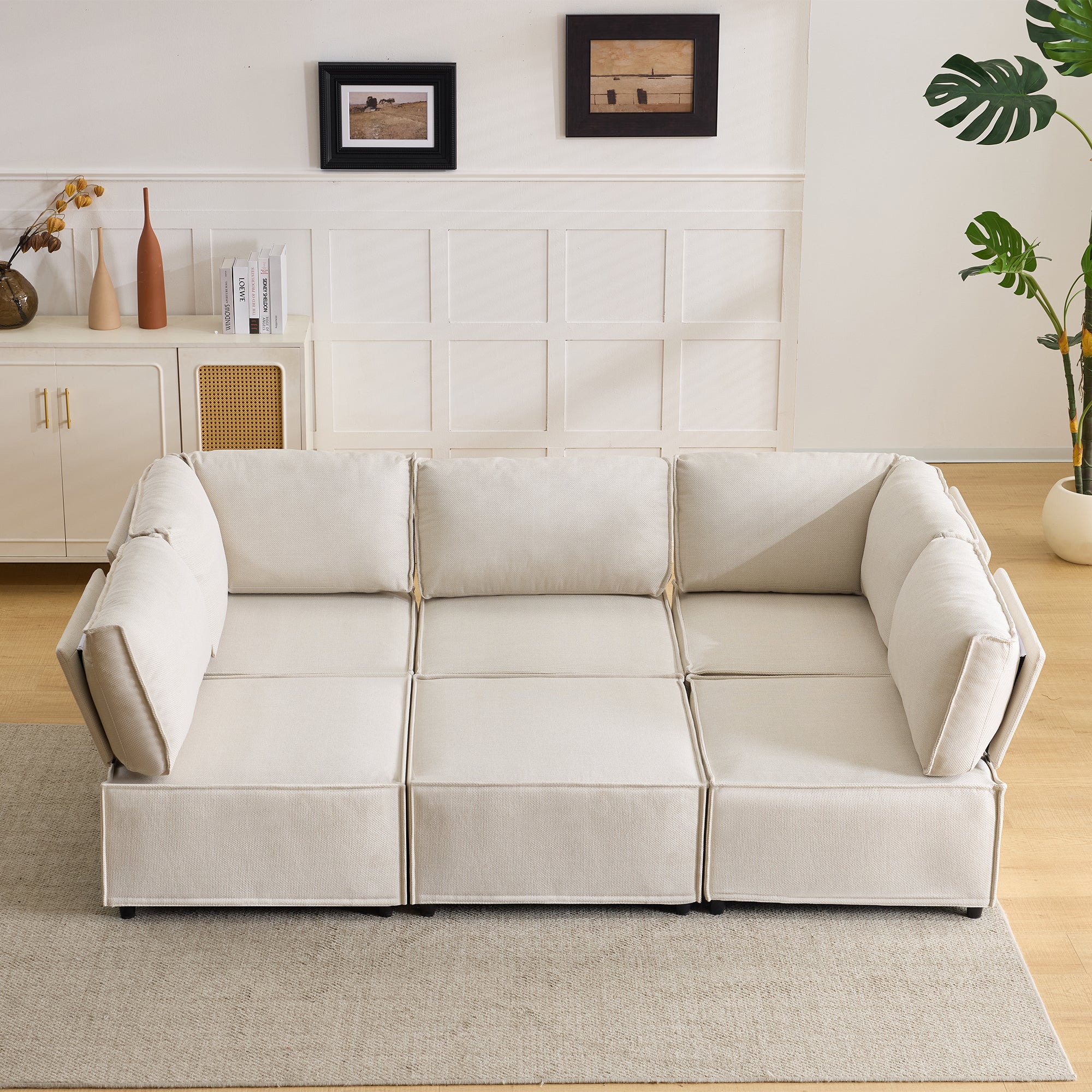 Semi-Compressed Modular Sofa Set, Versatile Flexible Wood Frame, Beige Linen Fabric - Image 3