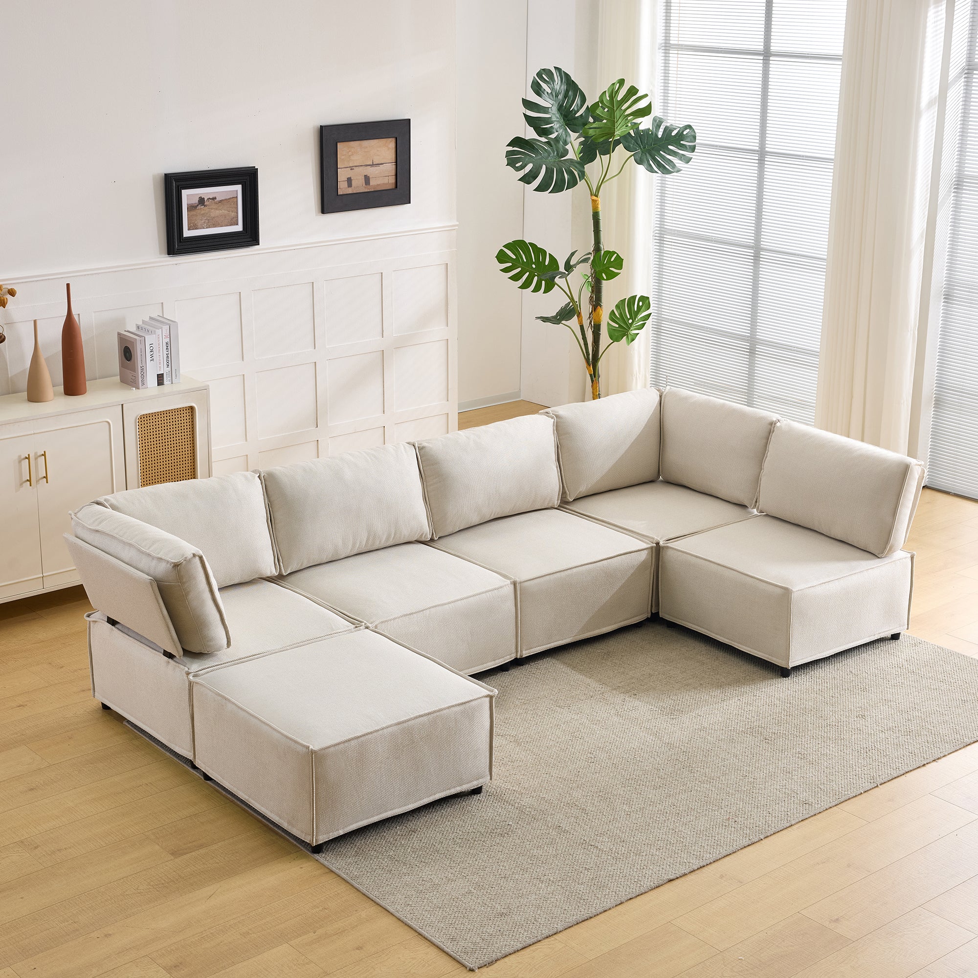 Semi-Compressed Modular Sofa Set, Versatile Flexible Wood Frame, Beige Linen Fabric - Image 4