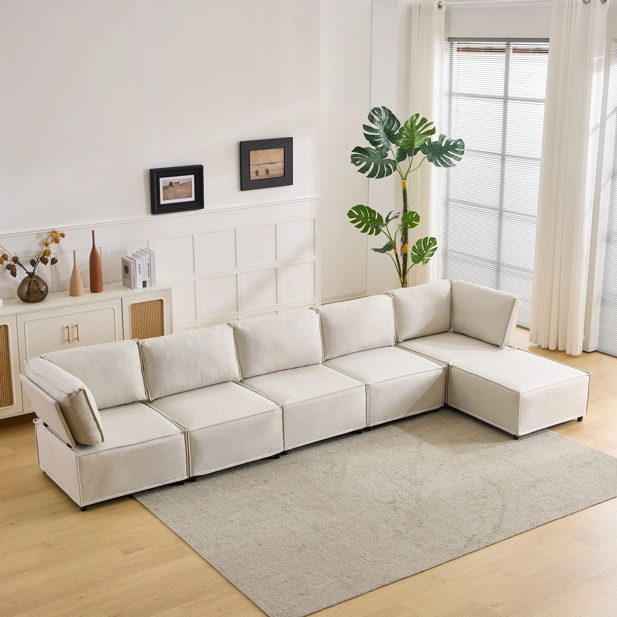 Semi-Compressed Modular Sofa Set, Versatile Flexible Wood Frame, Beige Linen Fabric - Image 5