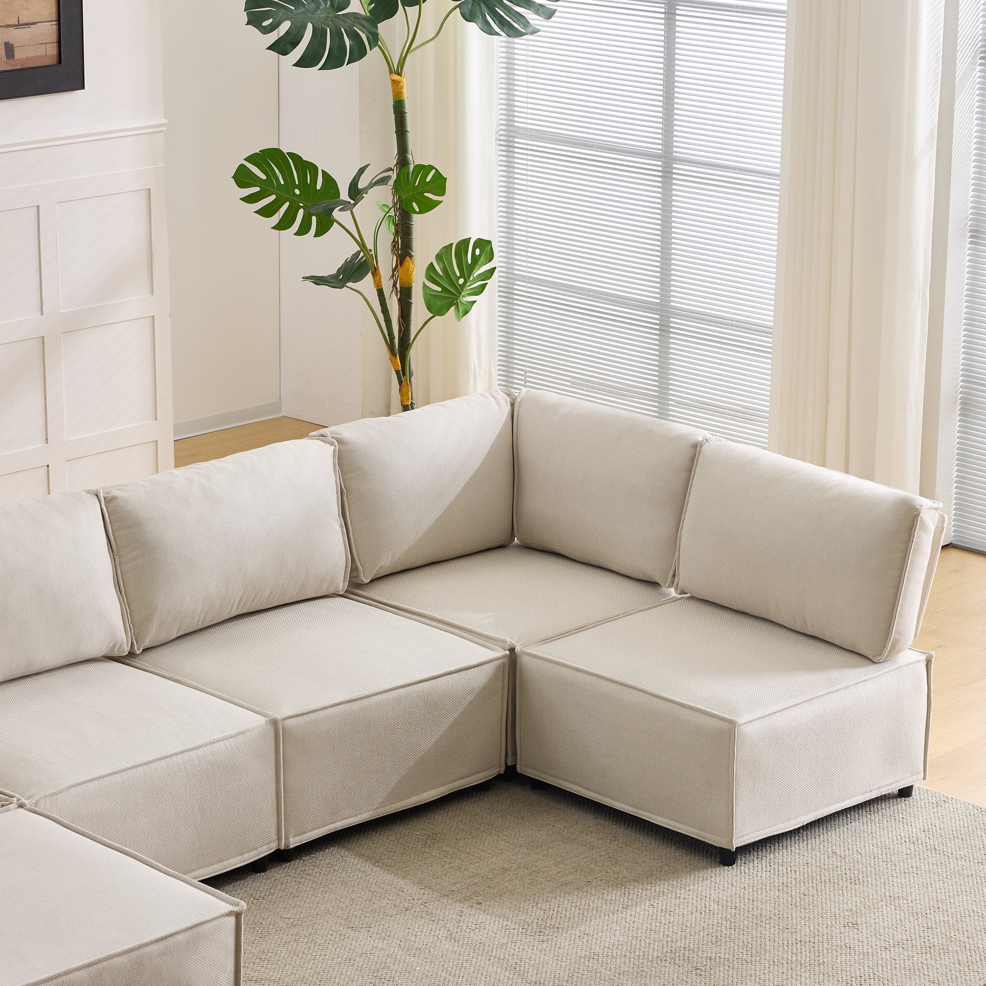 Semi-Compressed Modular Sofa Set, Versatile Flexible Wood Frame, Beige Linen Fabric - Image 6