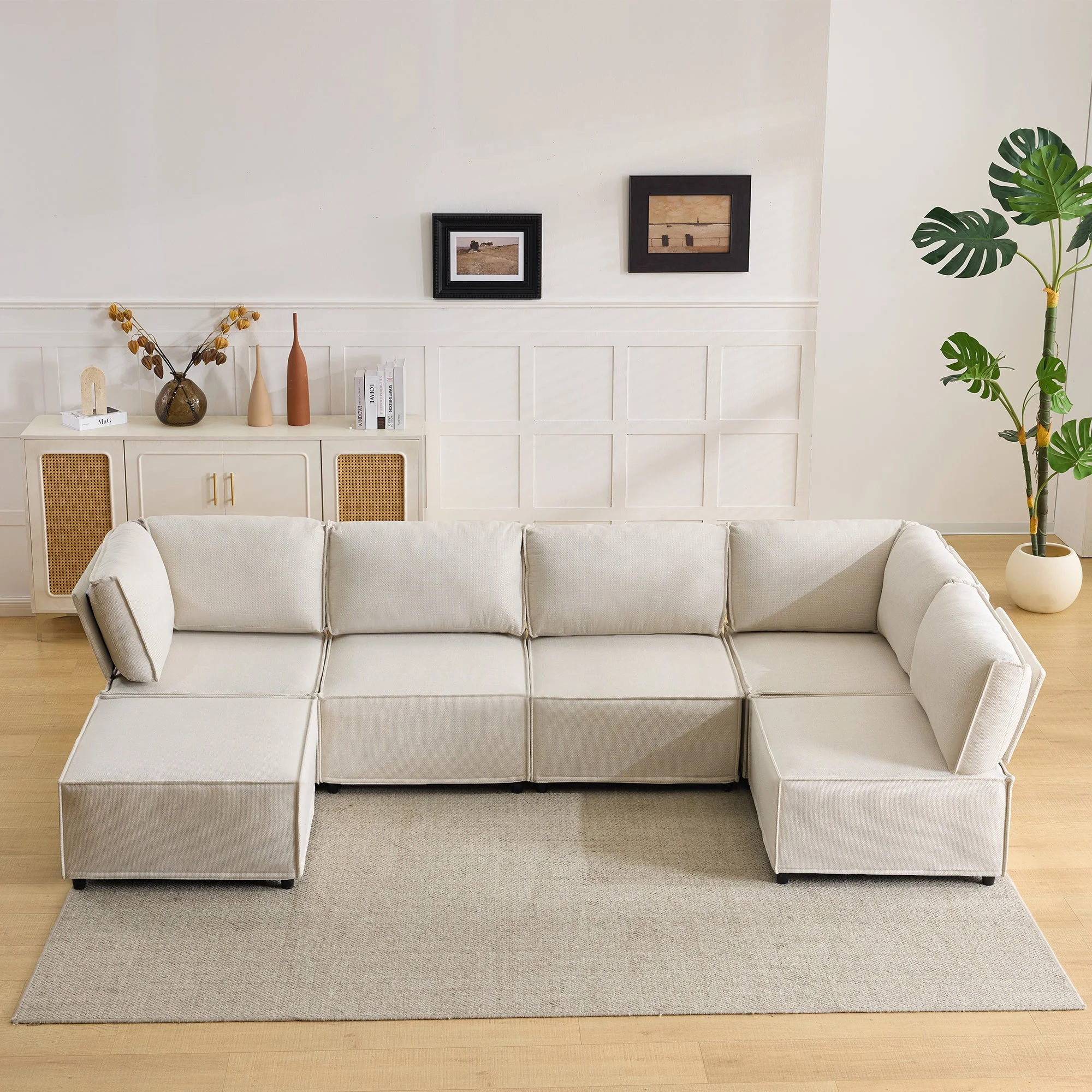 Semi-Compressed Modular Sofa Set, Versatile Flexible Wood Frame, Beige Linen Fabric - Image 7