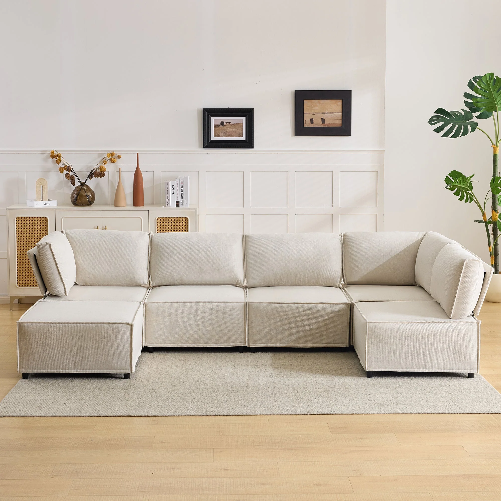Semi-Compressed Modular Sofa Set, Versatile Flexible Wood Frame, Beige Linen Fabric - Image 8