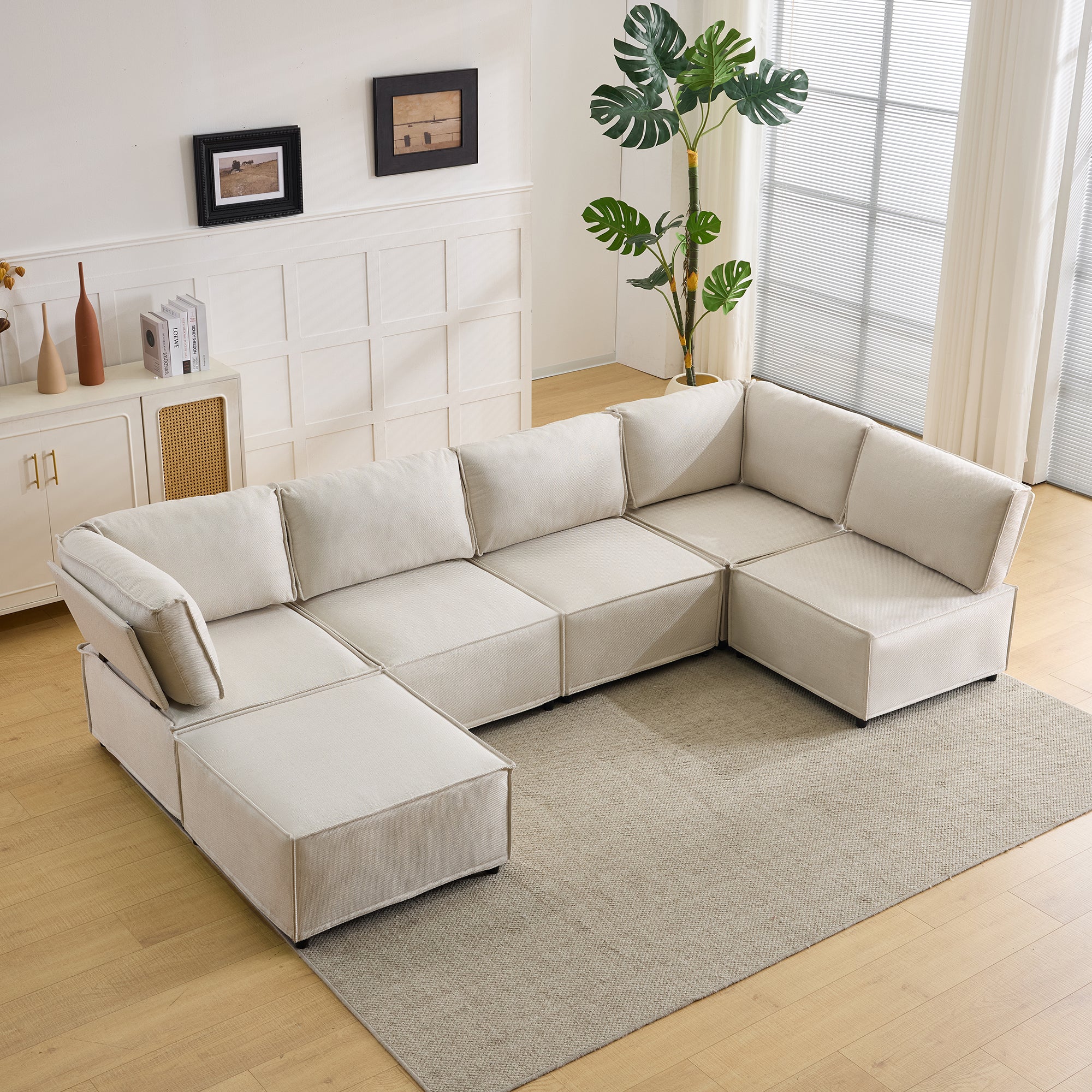 Semi-Compressed Modular Sofa Set, Versatile Flexible Wood Frame, Beige Linen Fabric - Image 9