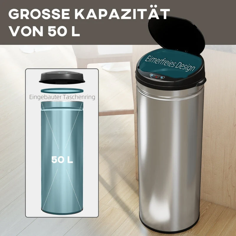 Sensor Waste Bin 50L Touchless Soft-Close Stainless Steel Silver - Image 5