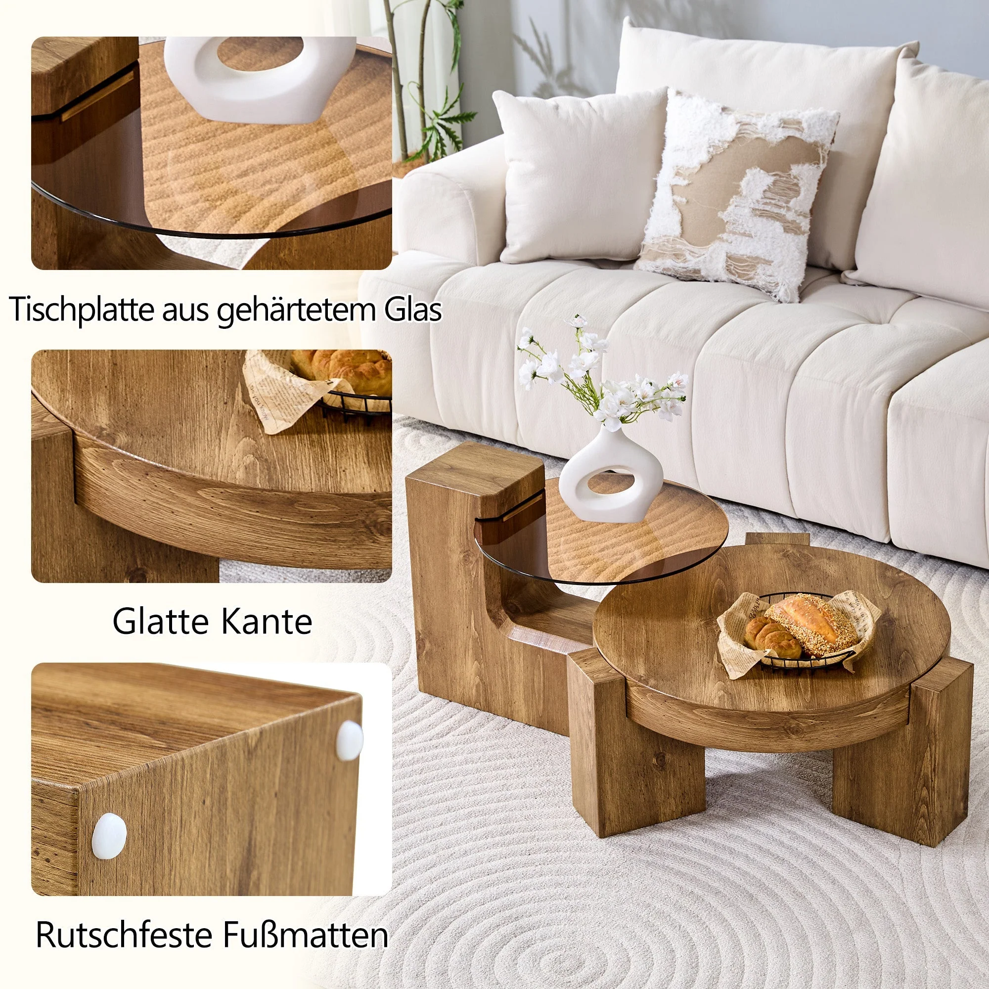 Separable Coffee Table Set MDF Wood Look Safety Glass - Brown Tinted - Image 6