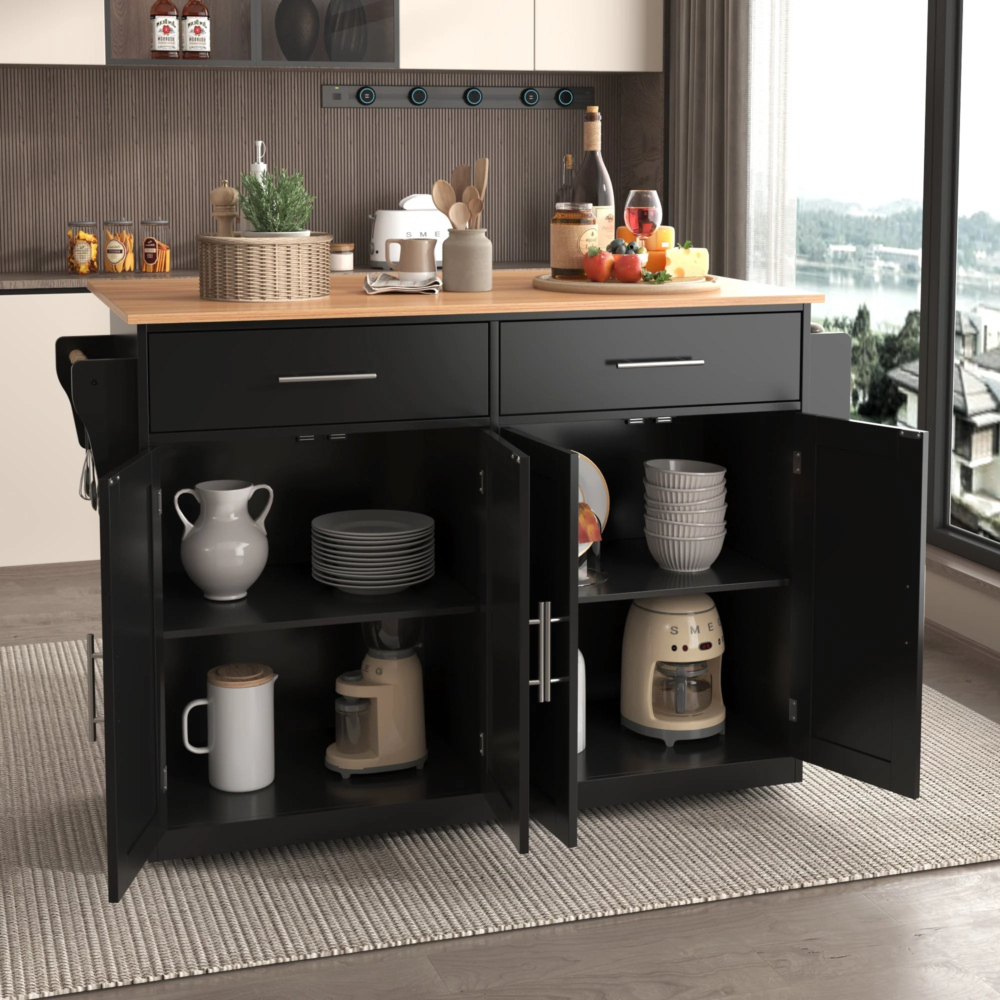 Serving Trolley 120cm Folding Tabletop Casters Wood Legs Black - Image 13
