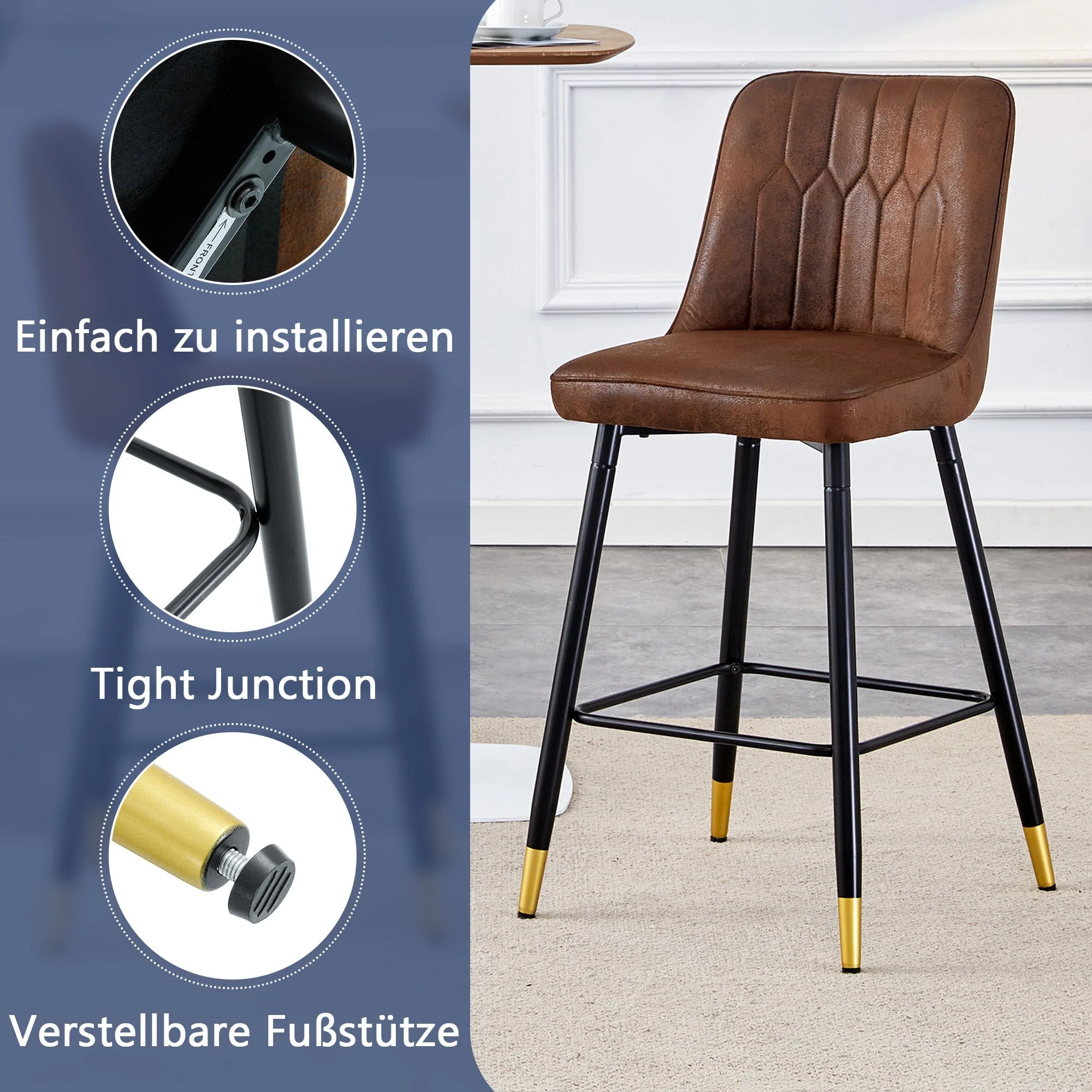 Set of 2 Bar Stools 100cm Black Metal Frame Footrest - Brown Tech Fabric - Image 7