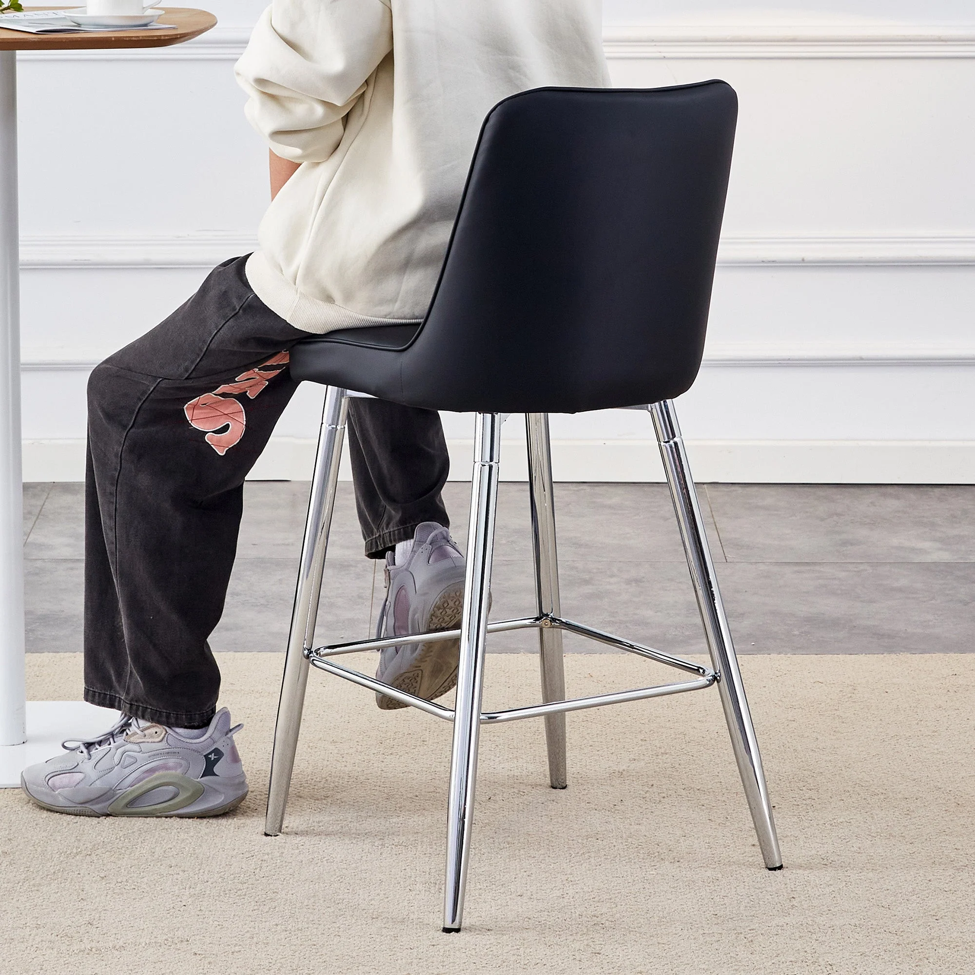 Set of 2 Bar Stools 100cm High Footrest Silver Metal Frame - Black PU Leather - Image 8