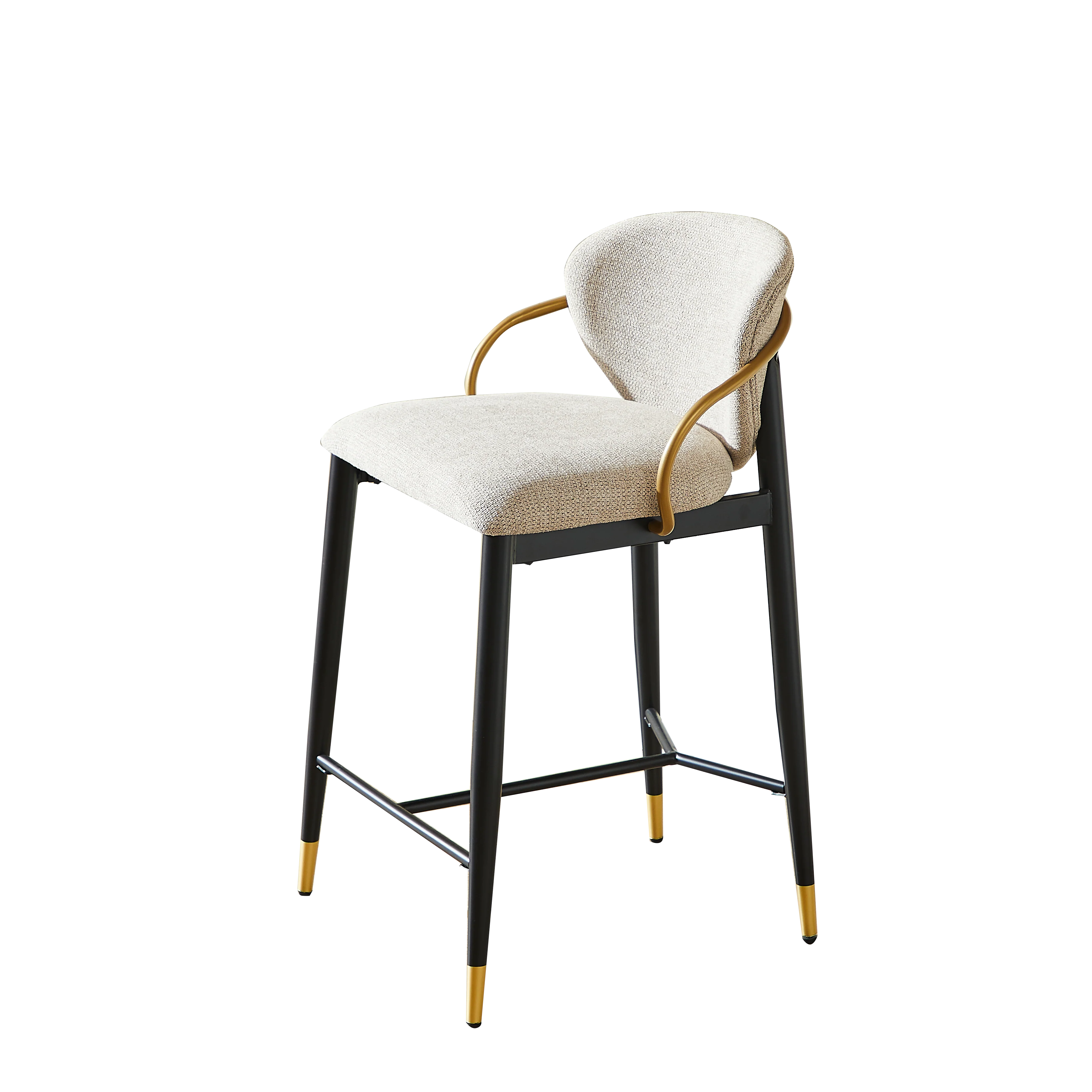 Set of 2 Bar Stools Adjustable Height Backrest Footrest - Chenille Light Brown/Black Gold - Image 4
