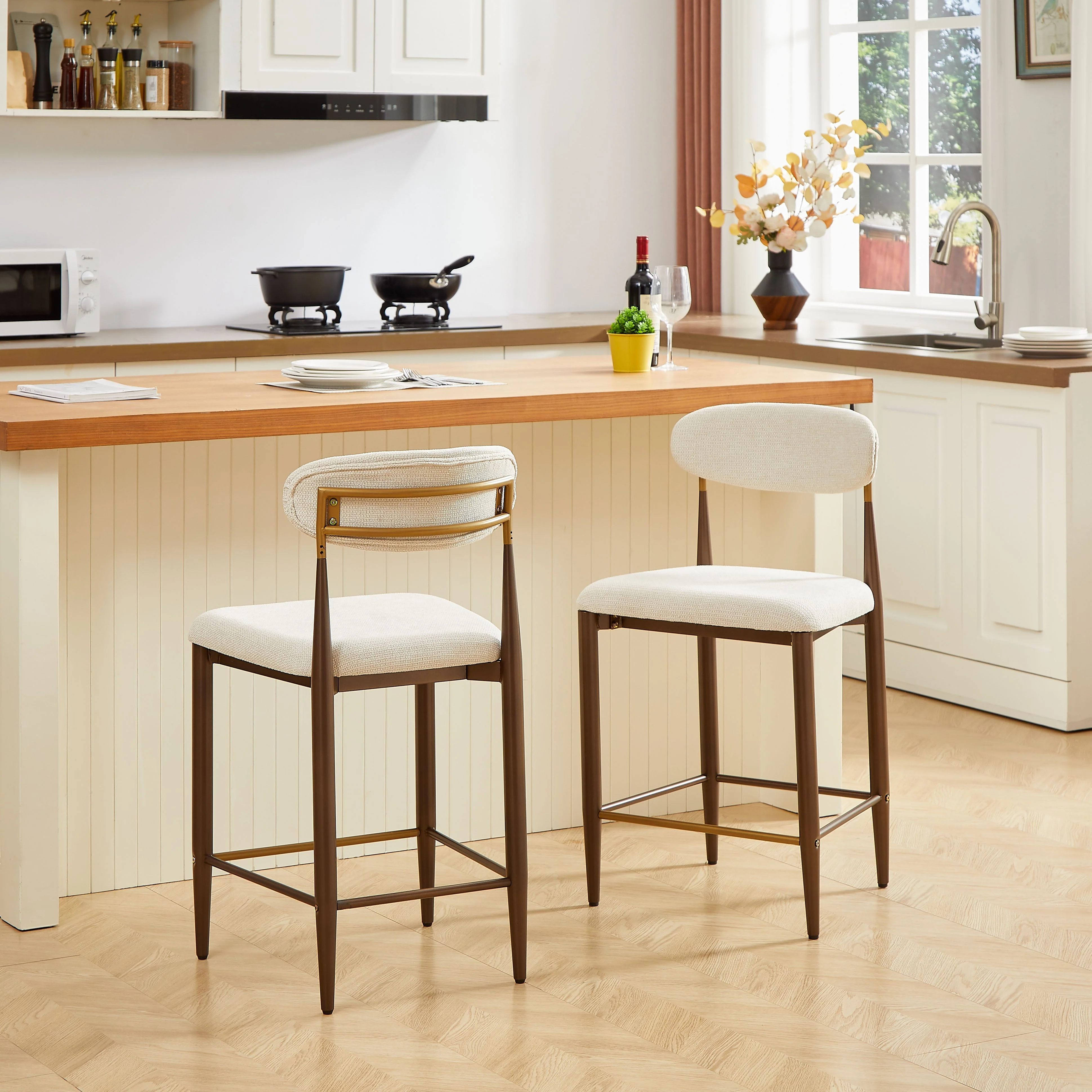 Set of 2 Bar Stools Counter Height French Country Retro - Cream Fabric