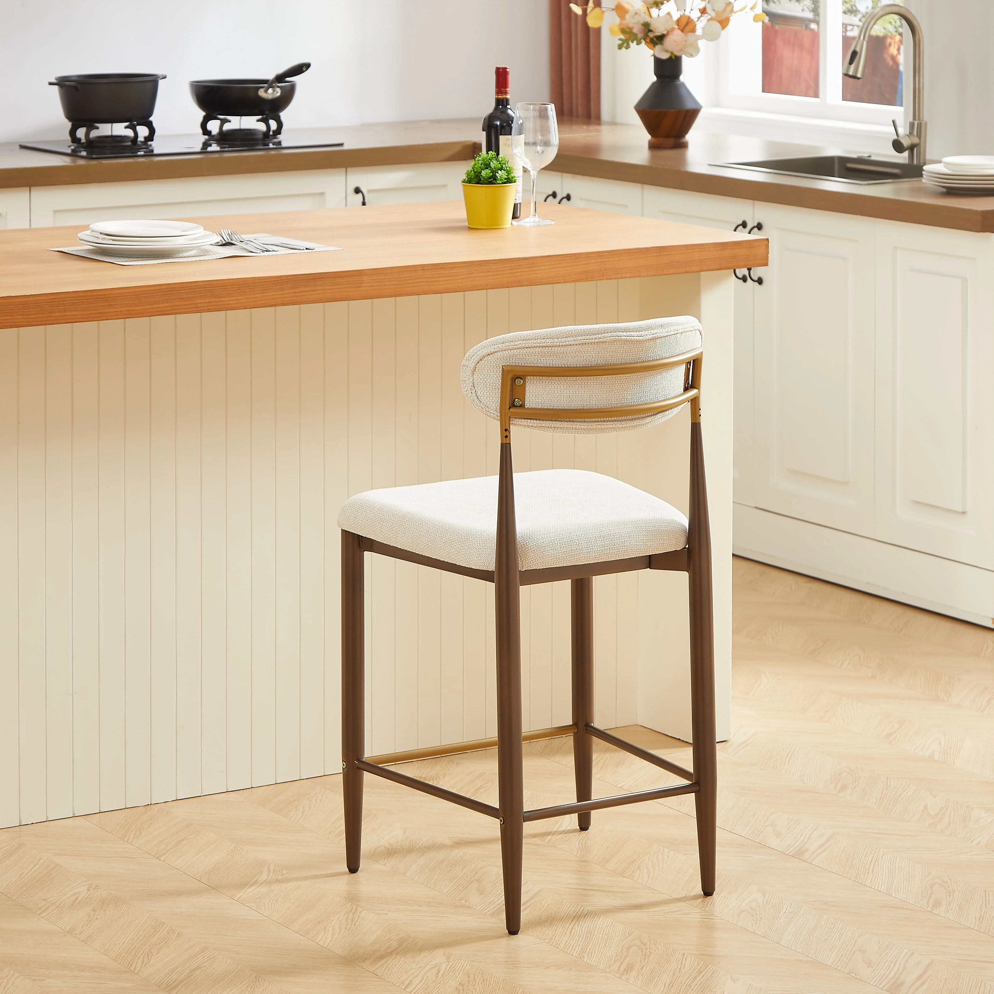 Set of 2 Bar Stools Counter Height French Country Retro - Cream Fabric - Image 9
