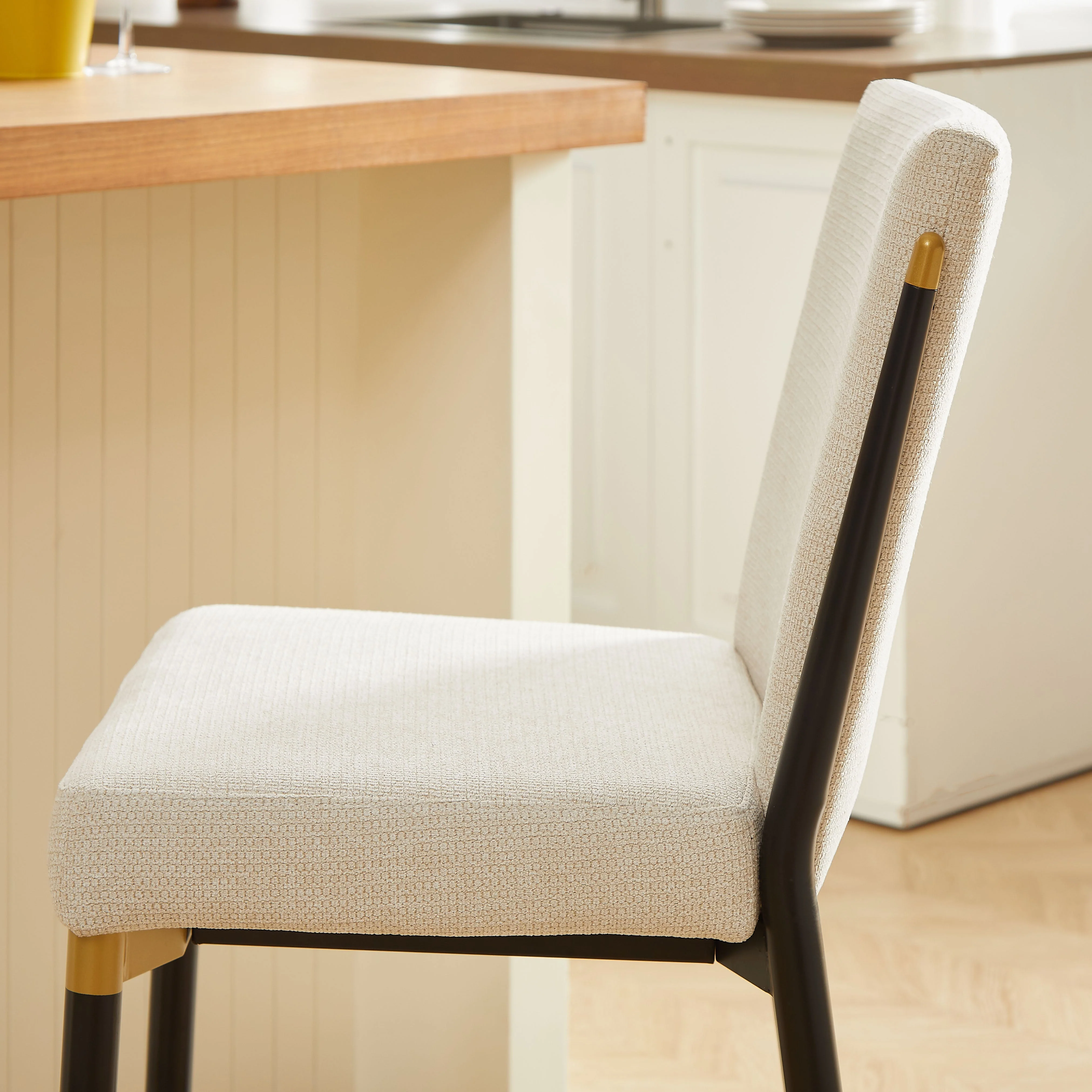 Set of 2 Bar Stools Counter Height Scandinavian Footrest - Cream Fabric/Black Gold - Image 4