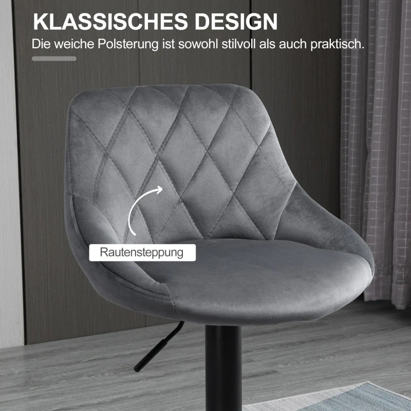 Set of 2 Bar Stools Height-Adjustable Swivel Backrest - Dark Grey Velvet Look - Image 5