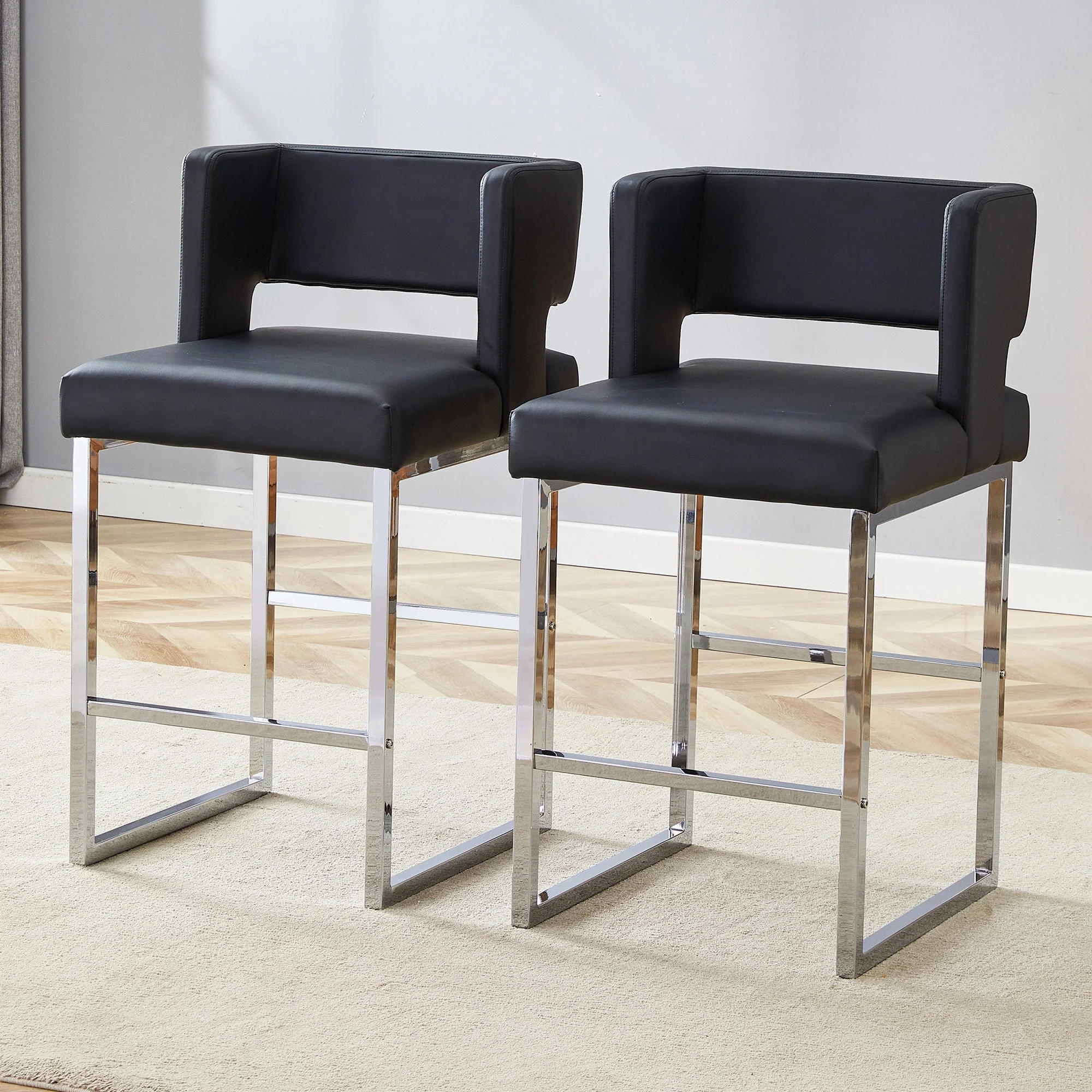 Set of 2 Bar Stools Nordic Style Square Design Metal Legs - Black - Image 2