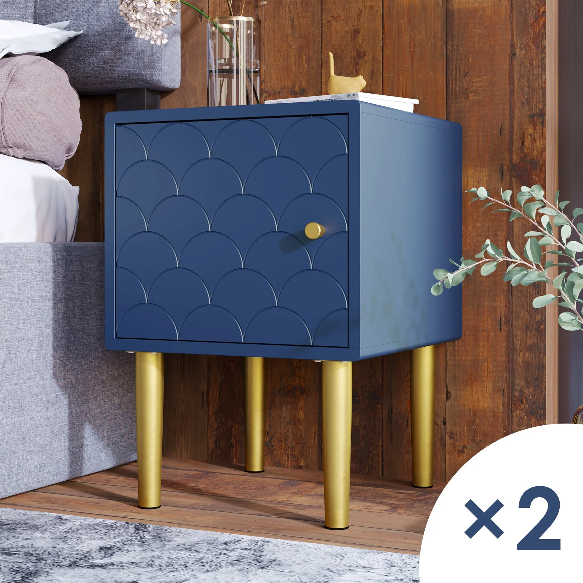 set of 2 bedside tables, nightstand side table, sofa table, h50/w35/d35 cm, navy blue - Image 3