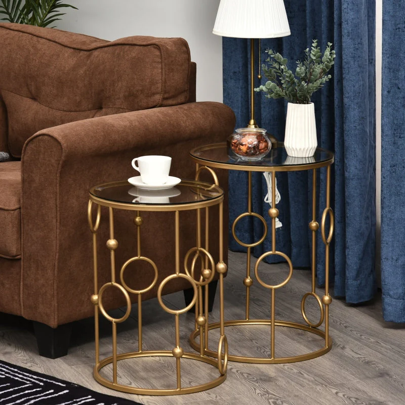 Set of 2 Coffee Tables, Glass Tops, Hoop and Ball Design, Gold - Image 2