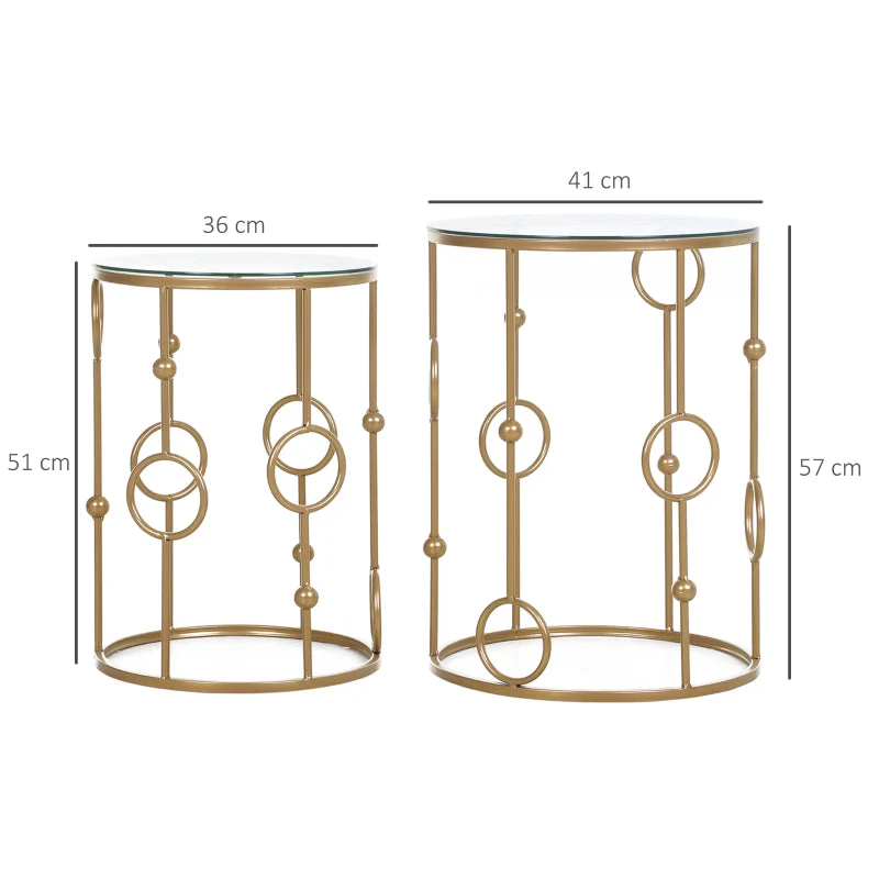 Set of 2 Coffee Tables, Glass Tops, Hoop and Ball Design, Gold - Image 3