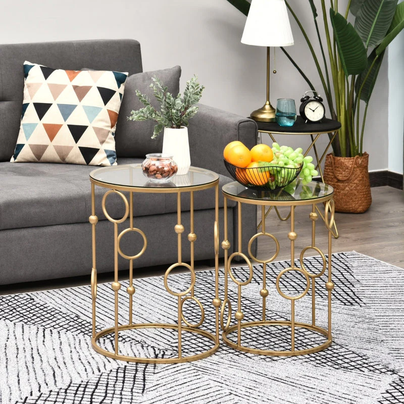 Set of 2 Coffee Tables, Glass Tops, Hoop and Ball Design, Gold - Image 7