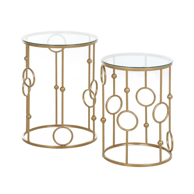 Set of 2 Coffee Tables, Glass Tops, Hoop and Ball Design, Gold - Image 8