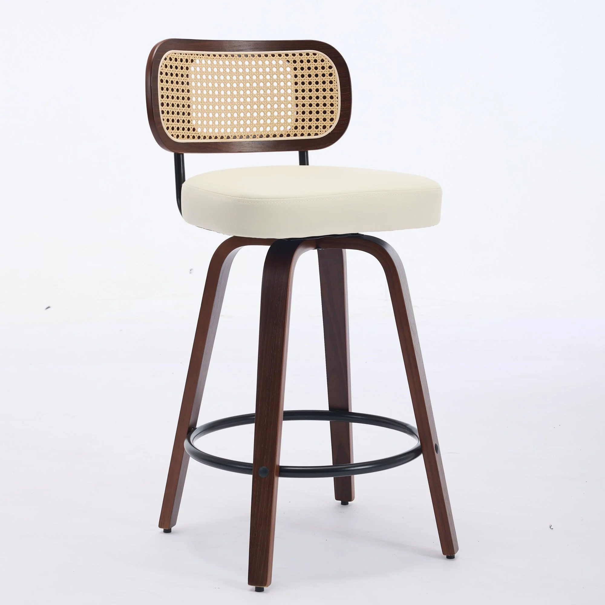Set of 2 Counter Height Bar Stools, 26 Inch Swivel Rattan Cane Back with Upholstered Seat, Walnut and Beige - Image 3