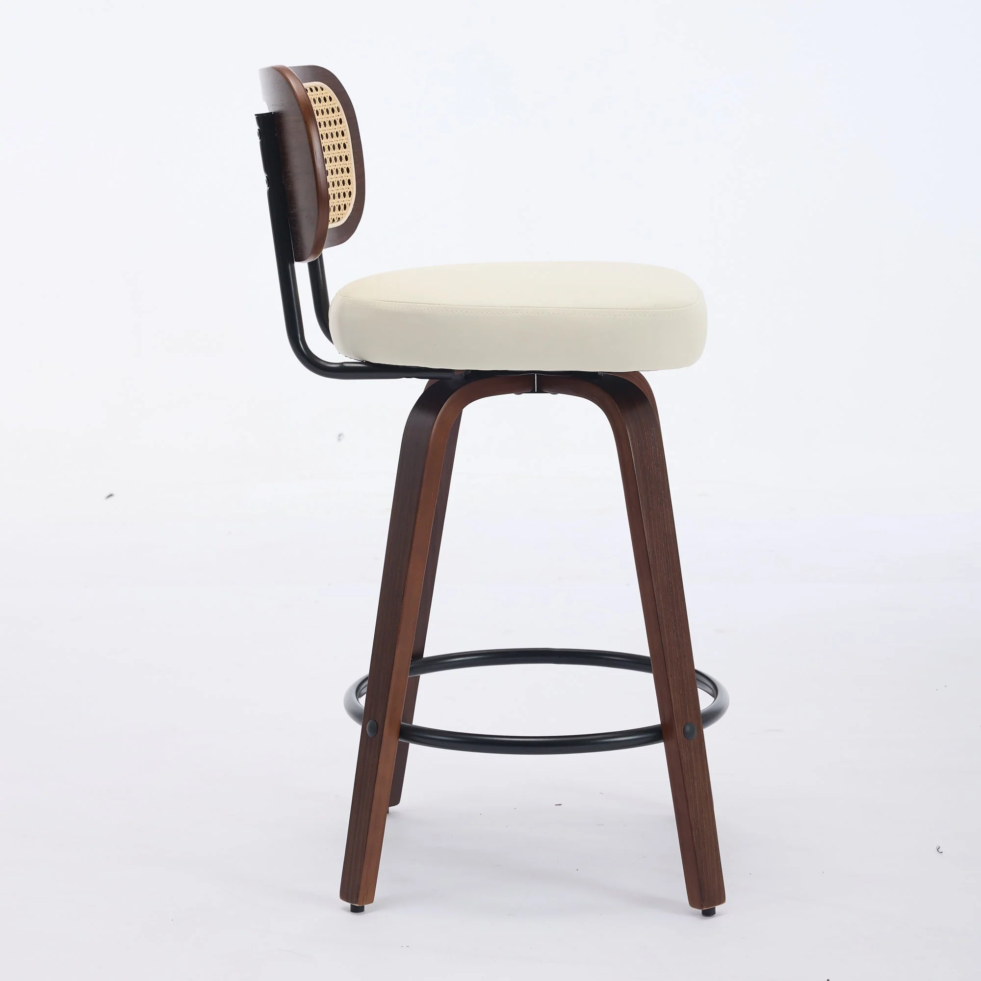 Set of 2 Counter Height Bar Stools, 26 Inch Swivel Rattan Cane Back with Upholstered Seat, Walnut and Beige - Image 4