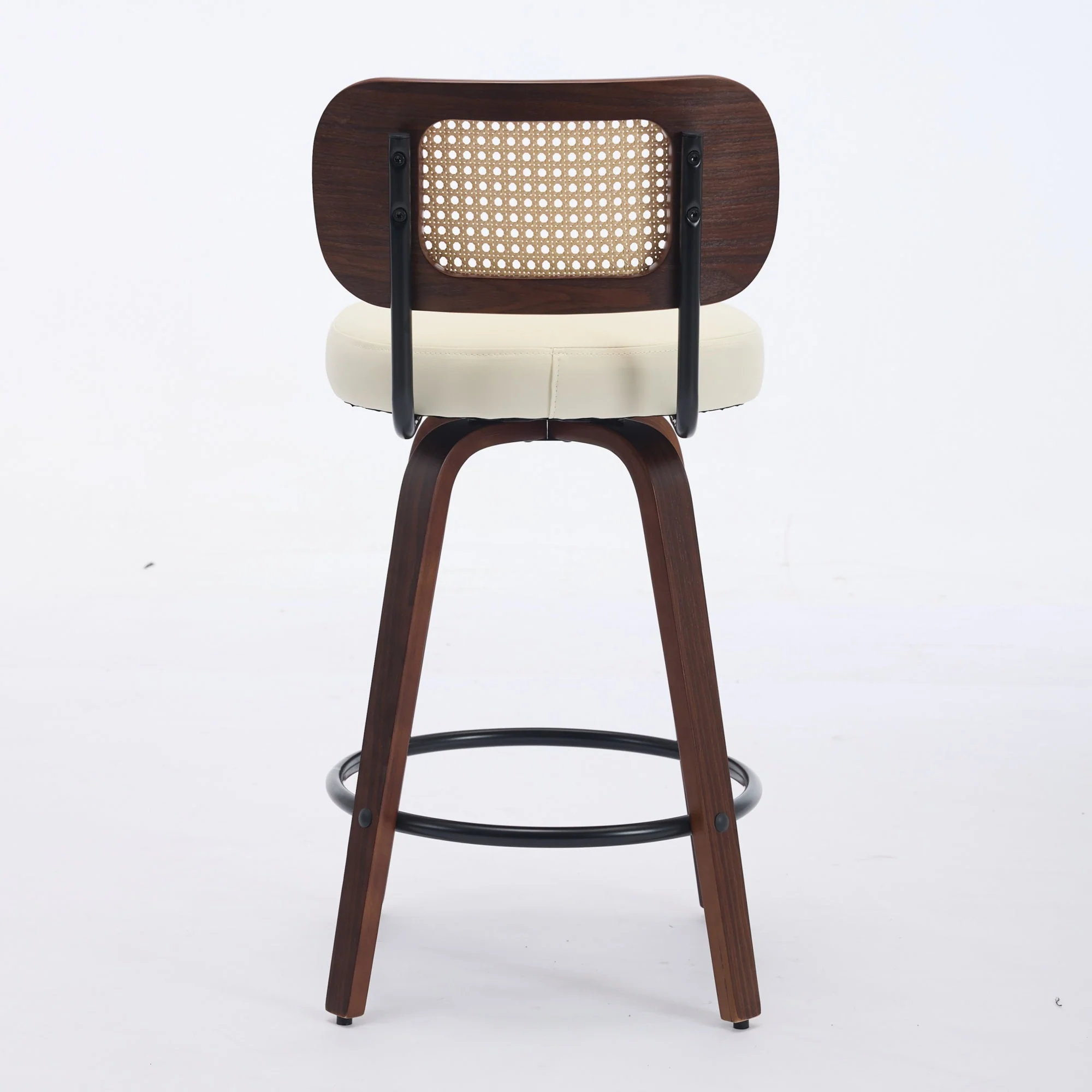 Set of 2 Counter Height Bar Stools, 26 Inch Swivel Rattan Cane Back with Upholstered Seat, Walnut and Beige - Image 6