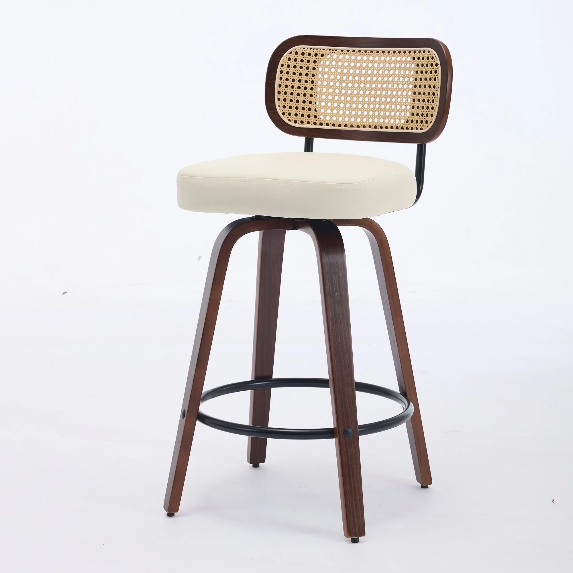 Set of 2 Counter Height Bar Stools, 26 Inch Swivel Rattan Cane Back with Upholstered Seat, Walnut and Beige - Image 7