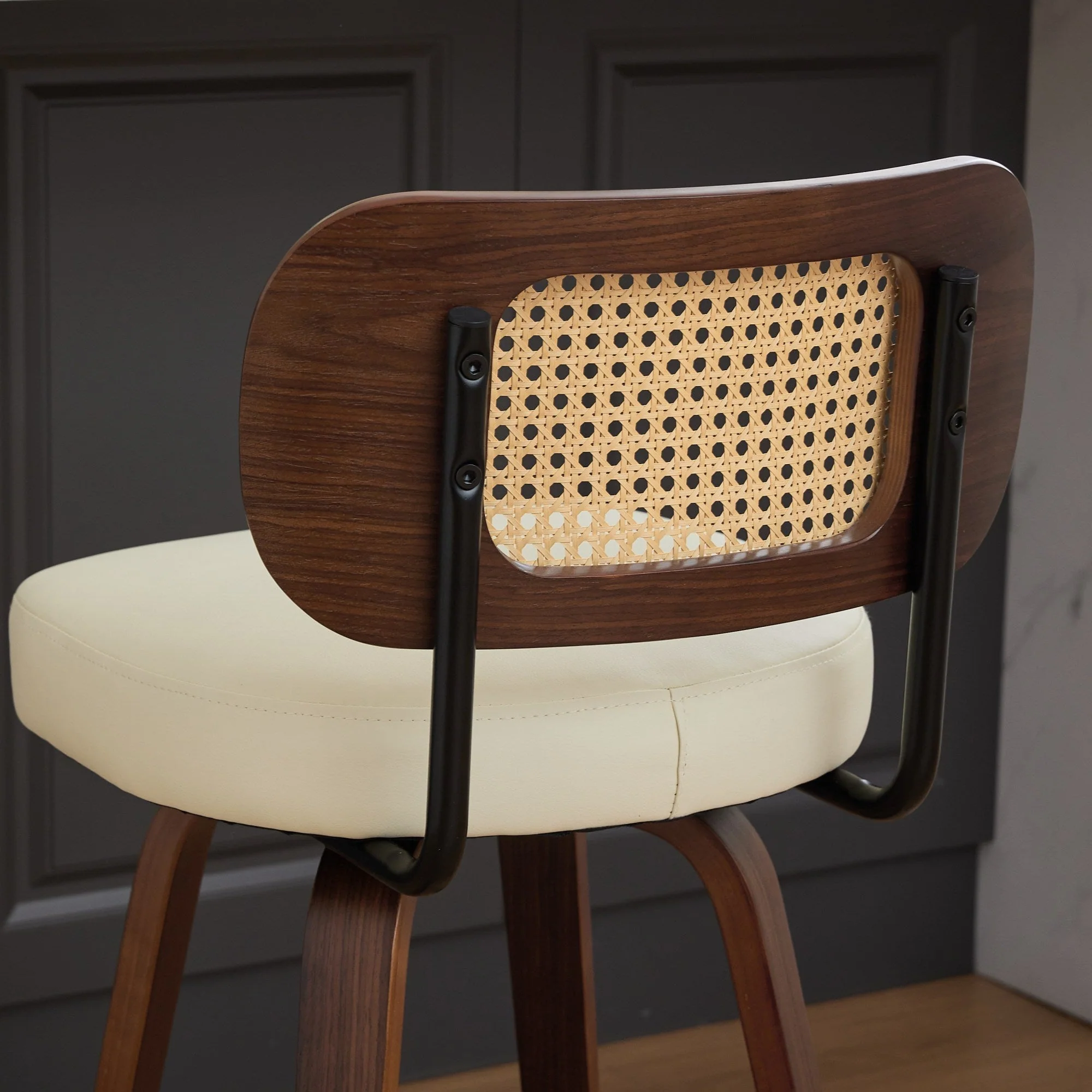 Set of 2 Counter Height Bar Stools, 26 Inch Swivel Rattan Cane Back with Upholstered Seat, Walnut and Beige - Image 9