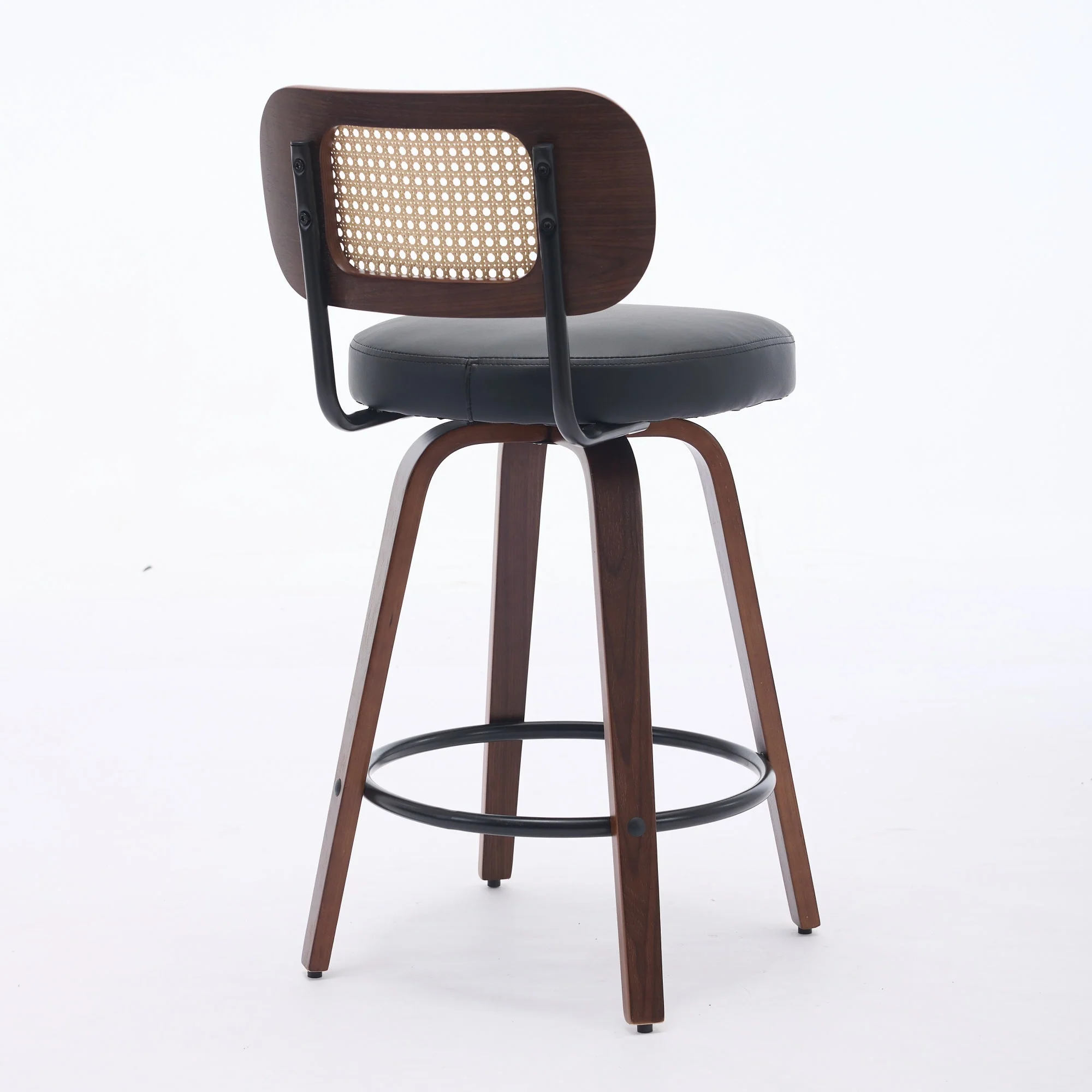 Set of 2 Counter Height Bar Stools with Swivel and Rattan Cane Back, Walnut Black - Image 5