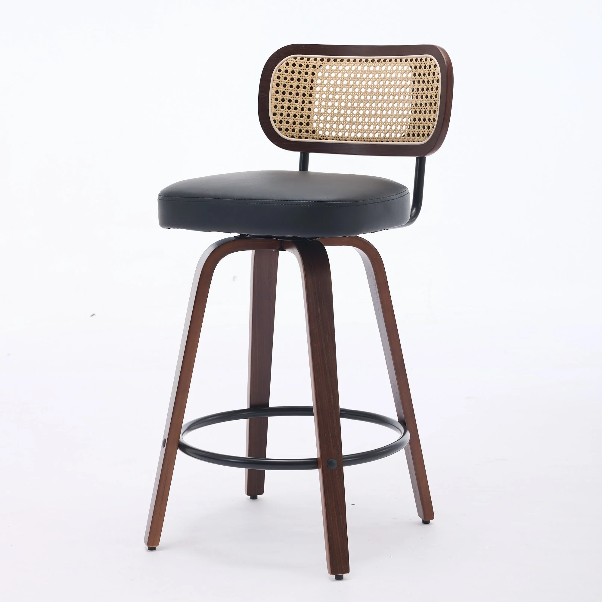 Set of 2 Counter Height Bar Stools with Swivel and Rattan Cane Back, Walnut Black - Image 7