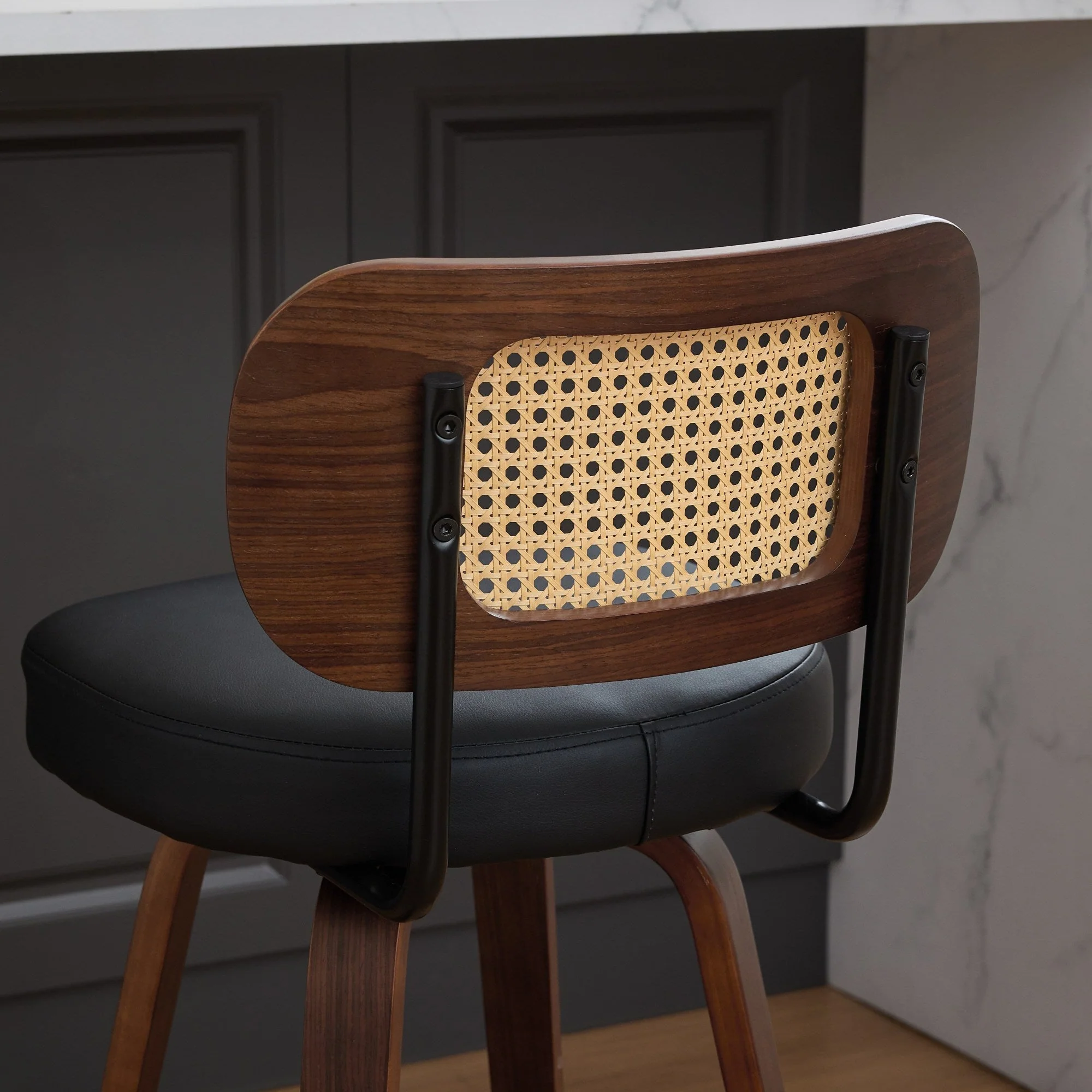 Set of 2 Counter Height Bar Stools with Swivel and Rattan Cane Back, Walnut Black - Image 9
