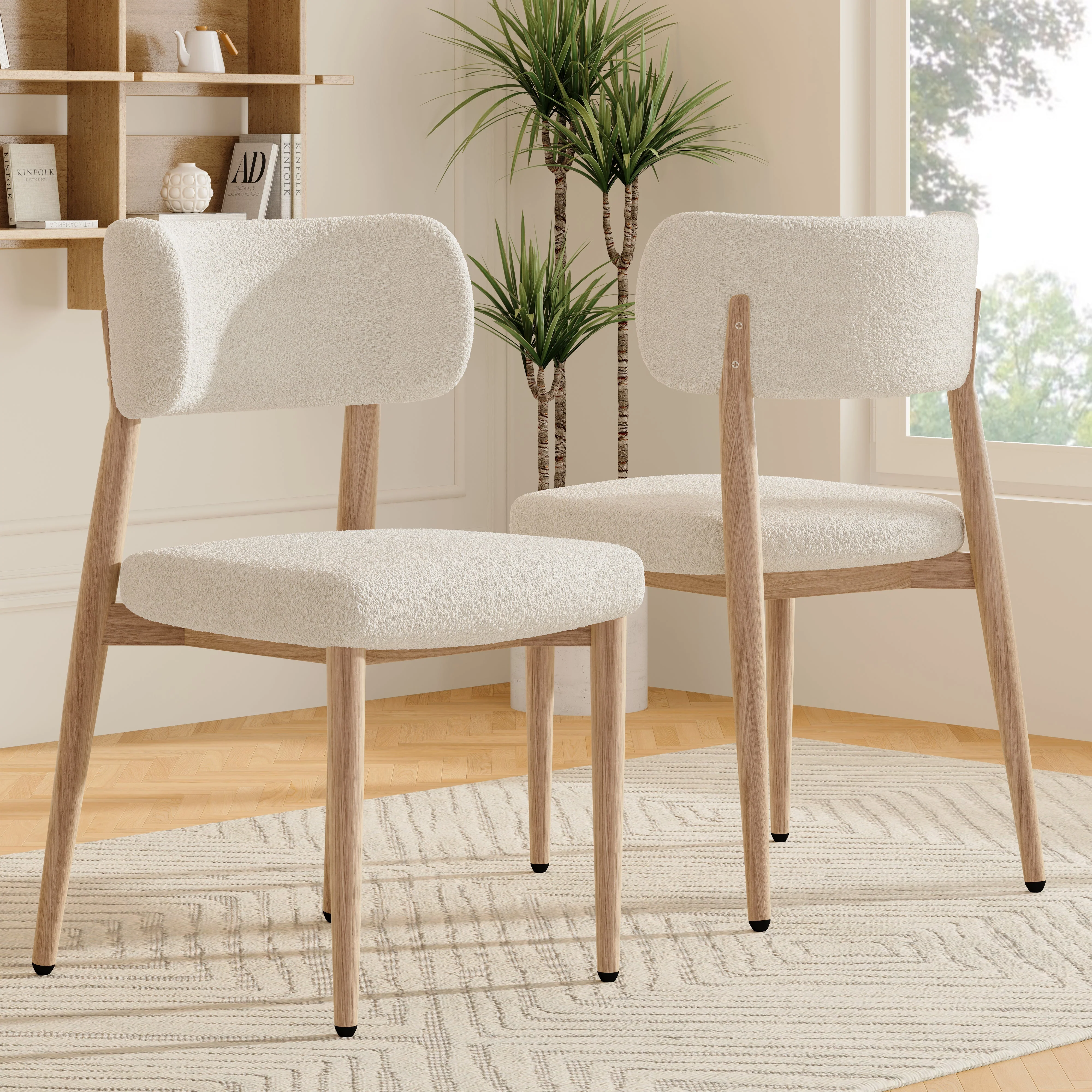 Set of 2 Dining Chairs, Metal with Wood Look and Breathable Backrest, Natural Bouclé - Image 2