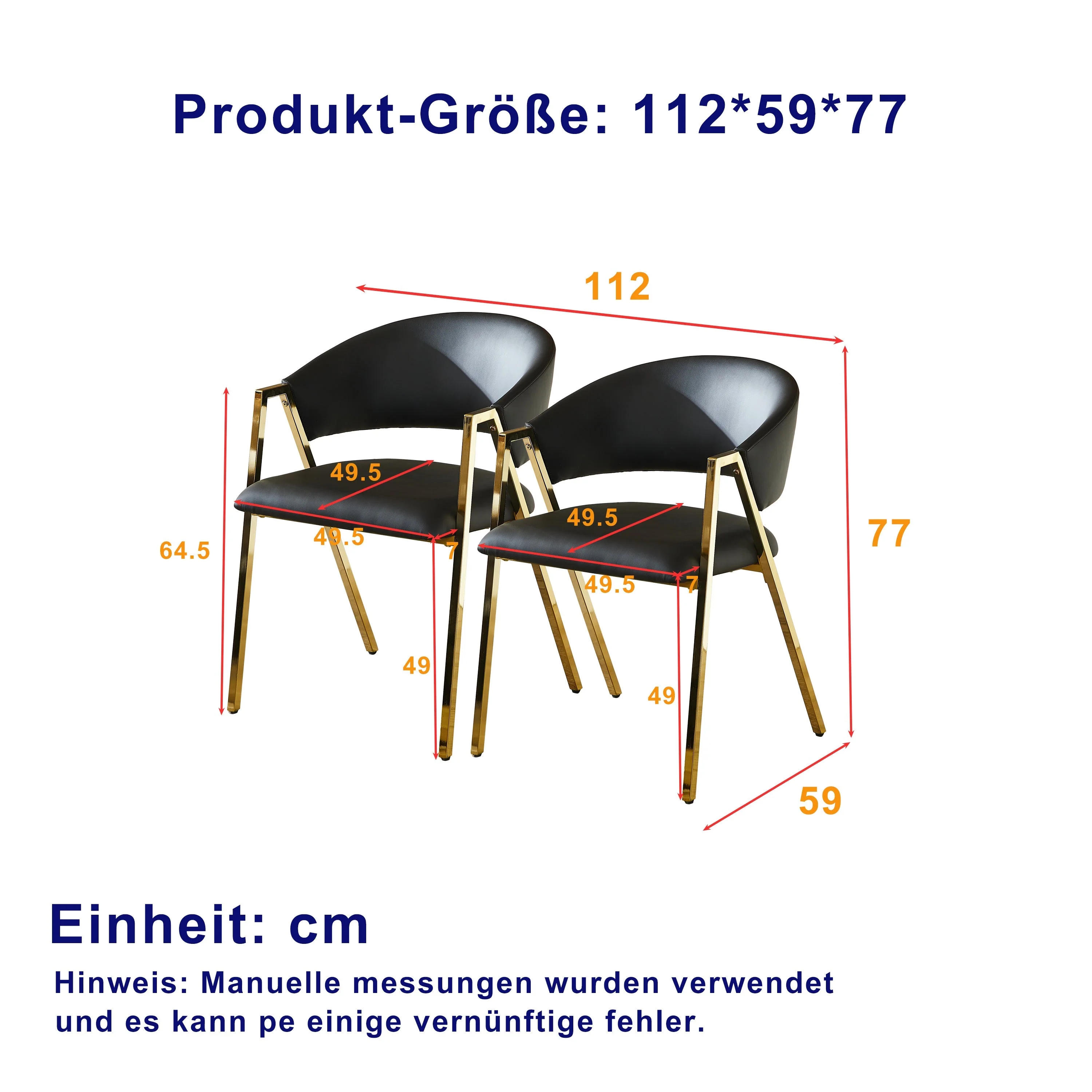 Set of 2 Dining Chairs Modern Minimalist Gold Metal Frame - Black PU Leather - Image 3