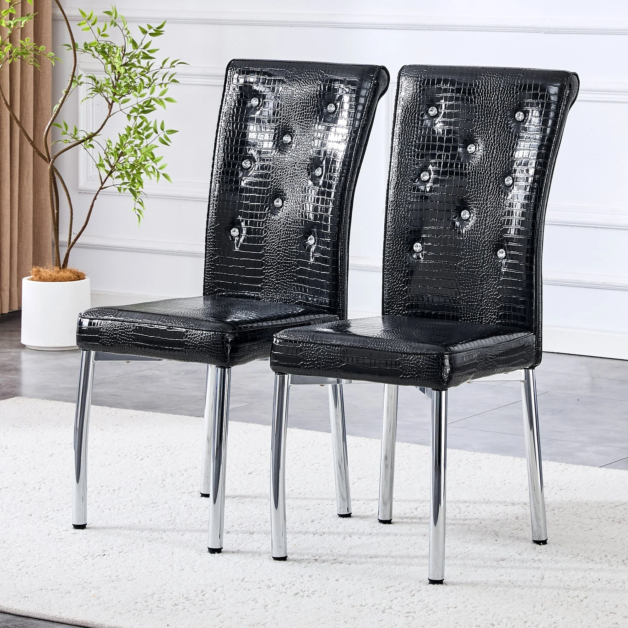 Set of 2 Dining Chairs Retro Alligator Skin Crystal Buckle Design - Faux Leather - Image 2