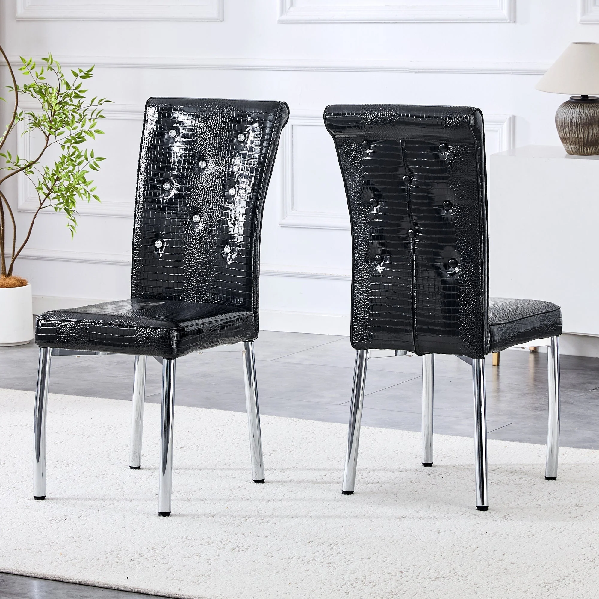 Set of 2 Dining Chairs Retro Alligator Skin Crystal Buckle Design - Faux Leather - Image 3