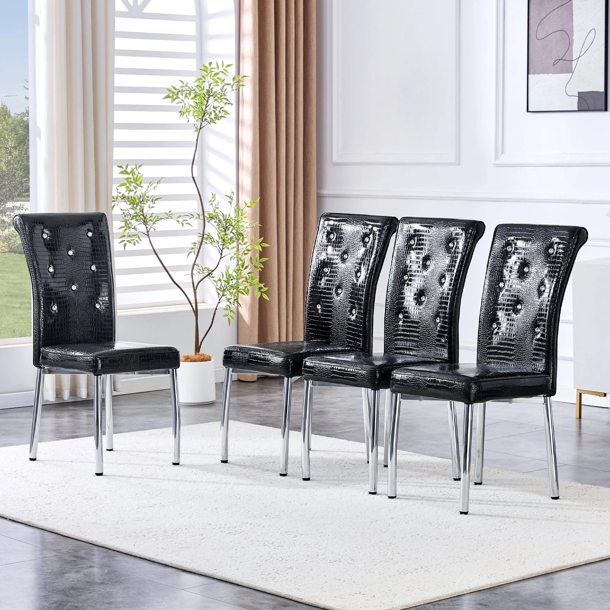 Set of 2 Dining Chairs Retro Alligator Skin Crystal Buckle Design - Faux Leather - Image 4