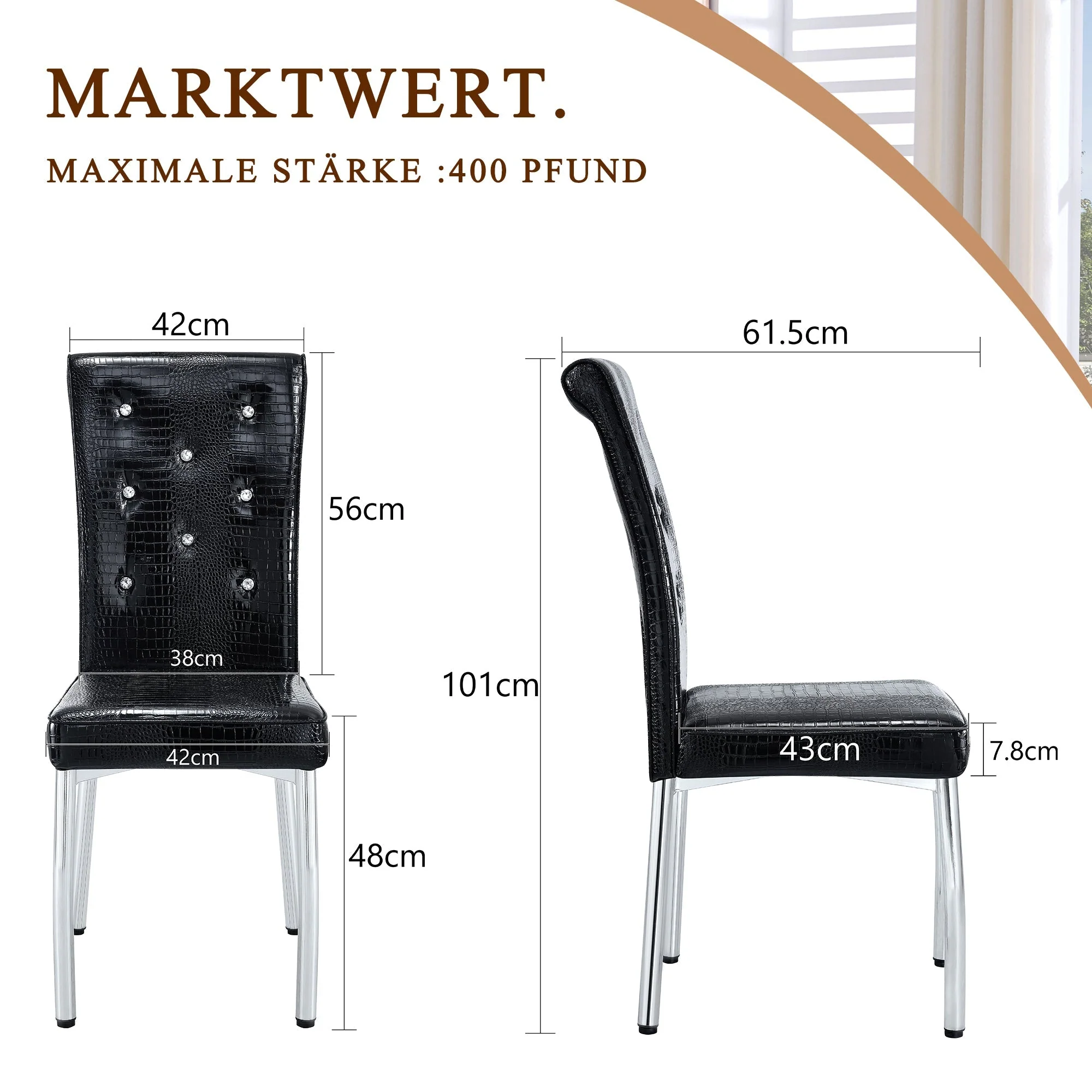 Set of 2 Dining Chairs Retro Alligator Skin Crystal Buckle Design - Faux Leather - Image 7