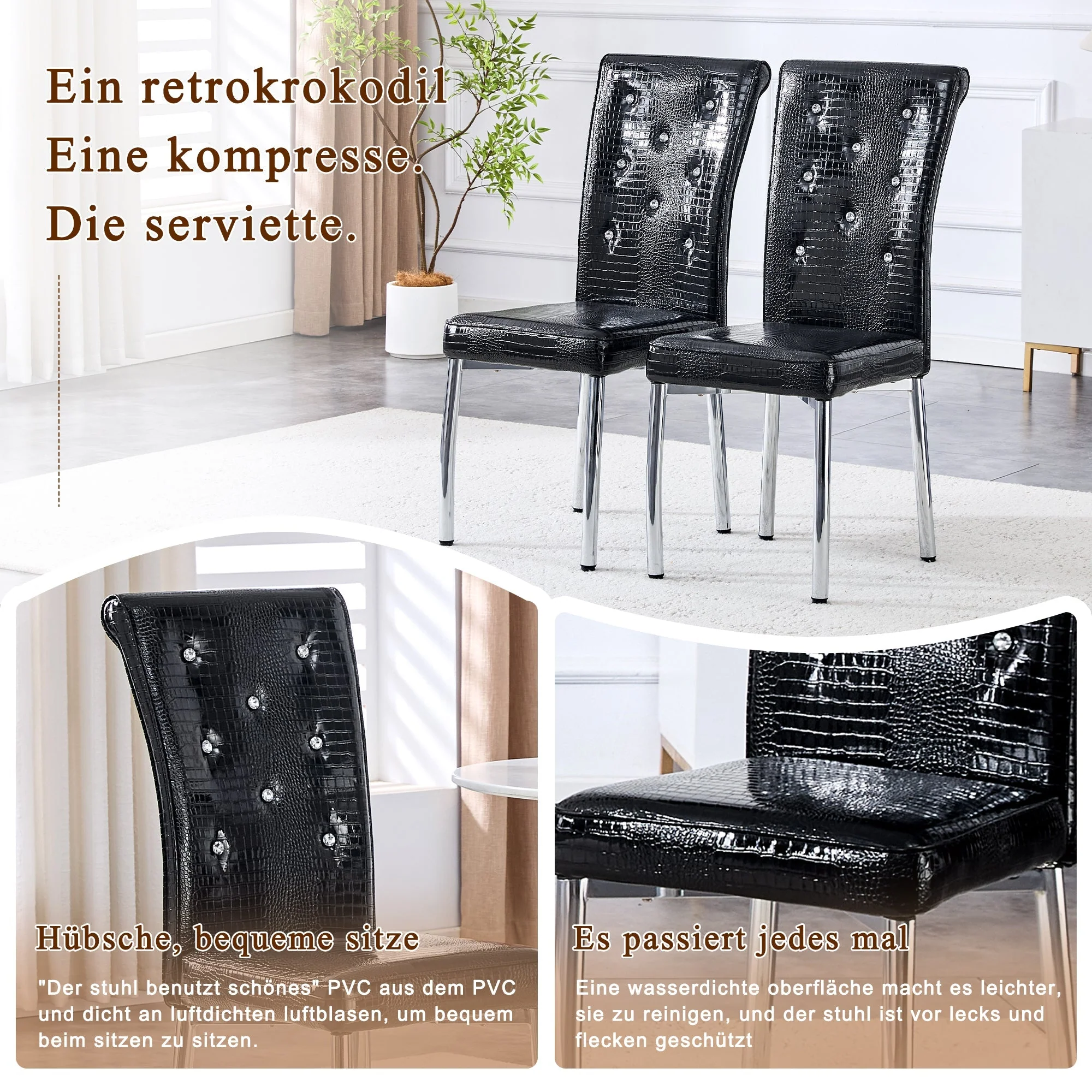 Set of 2 Dining Chairs Retro Alligator Skin Crystal Buckle Design - Faux Leather - Image 8