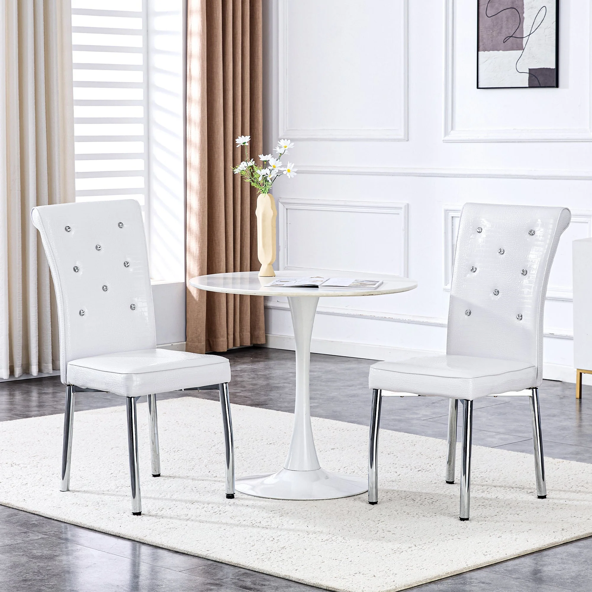 Set of 2 Dining Chairs, Retro Alligator Skin Upholstered Crystal Buckle Metal Legs, Faux Leather