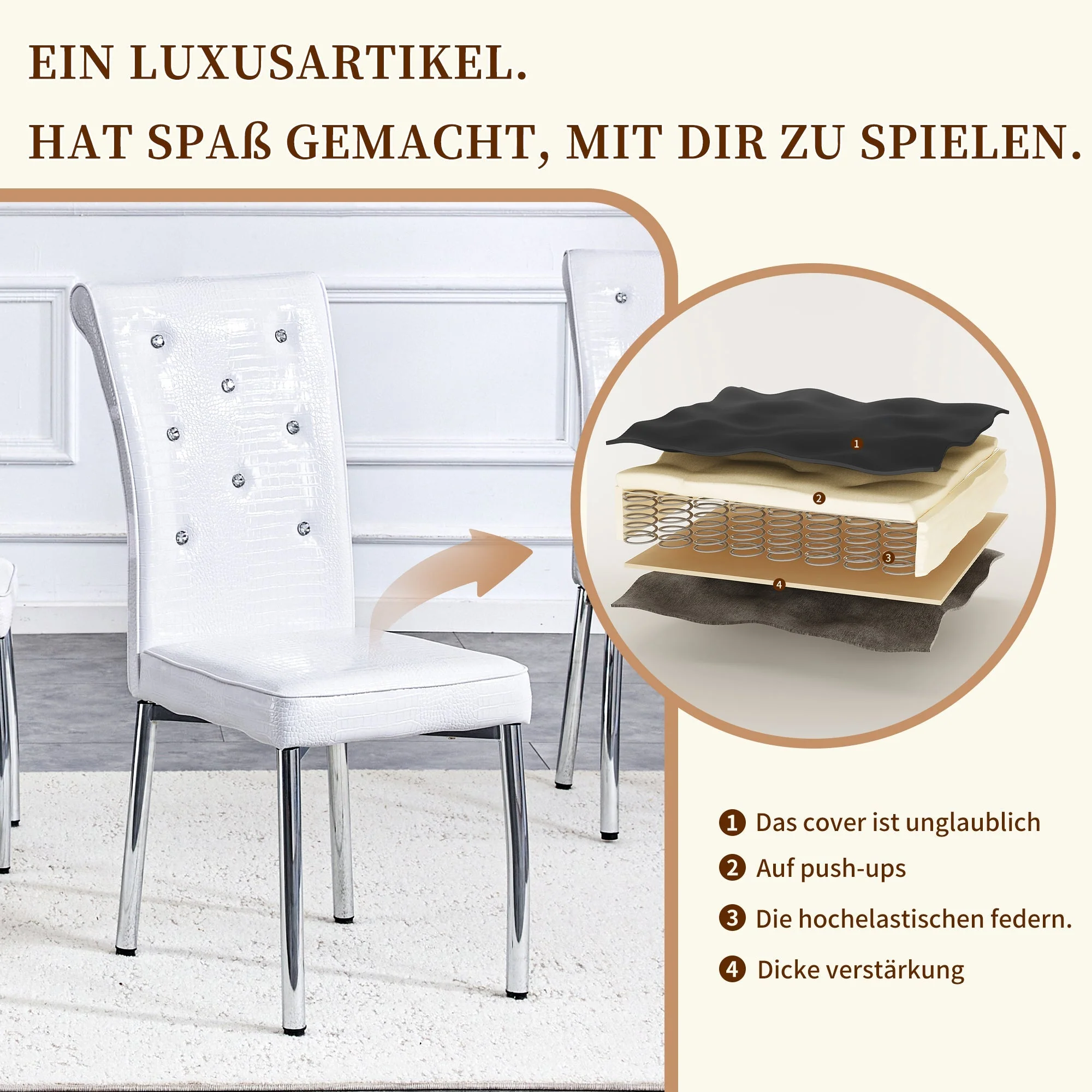 Set of 2 Dining Chairs, Retro Alligator Skin Upholstered Crystal Buckle Metal Legs, Faux Leather - Image 10