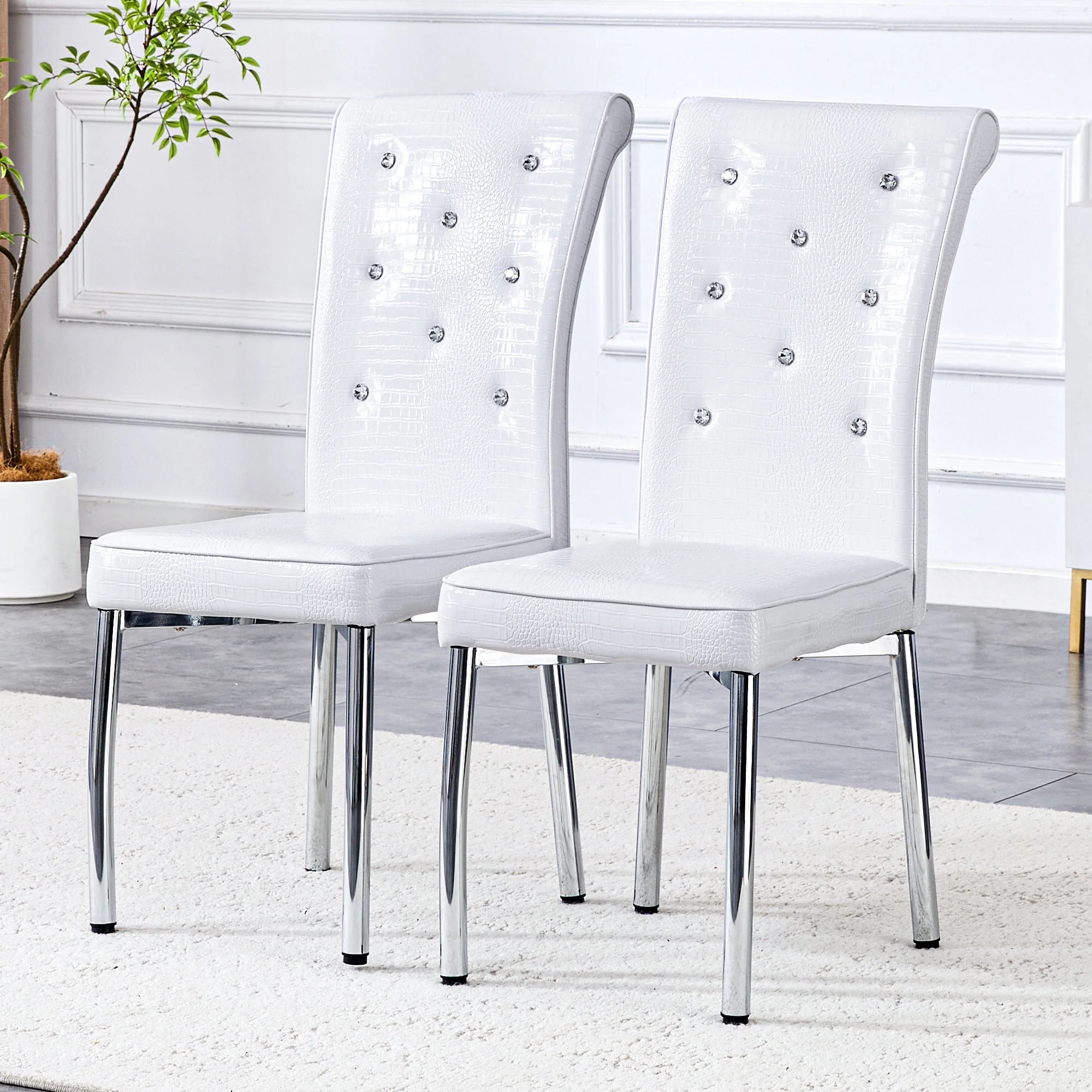 Set of 2 Dining Chairs, Retro Alligator Skin Upholstered Crystal Buckle Metal Legs, Faux Leather - Image 2