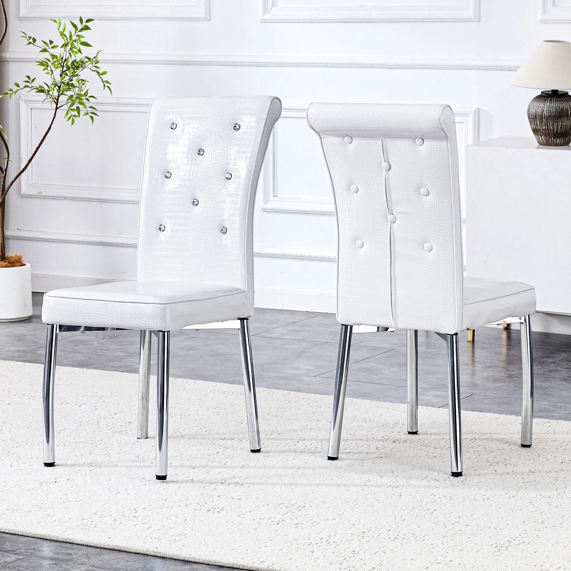 Set of 2 Dining Chairs, Retro Alligator Skin Upholstered Crystal Buckle Metal Legs, Faux Leather - Image 3