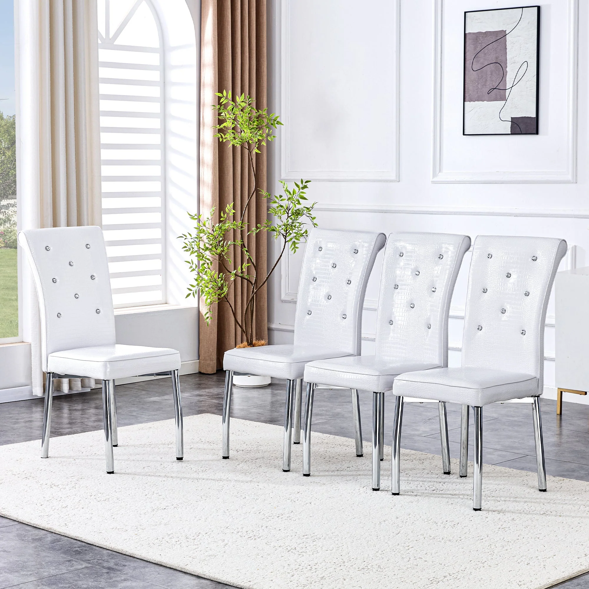 Set of 2 Dining Chairs, Retro Alligator Skin Upholstered Crystal Buckle Metal Legs, Faux Leather - Image 4