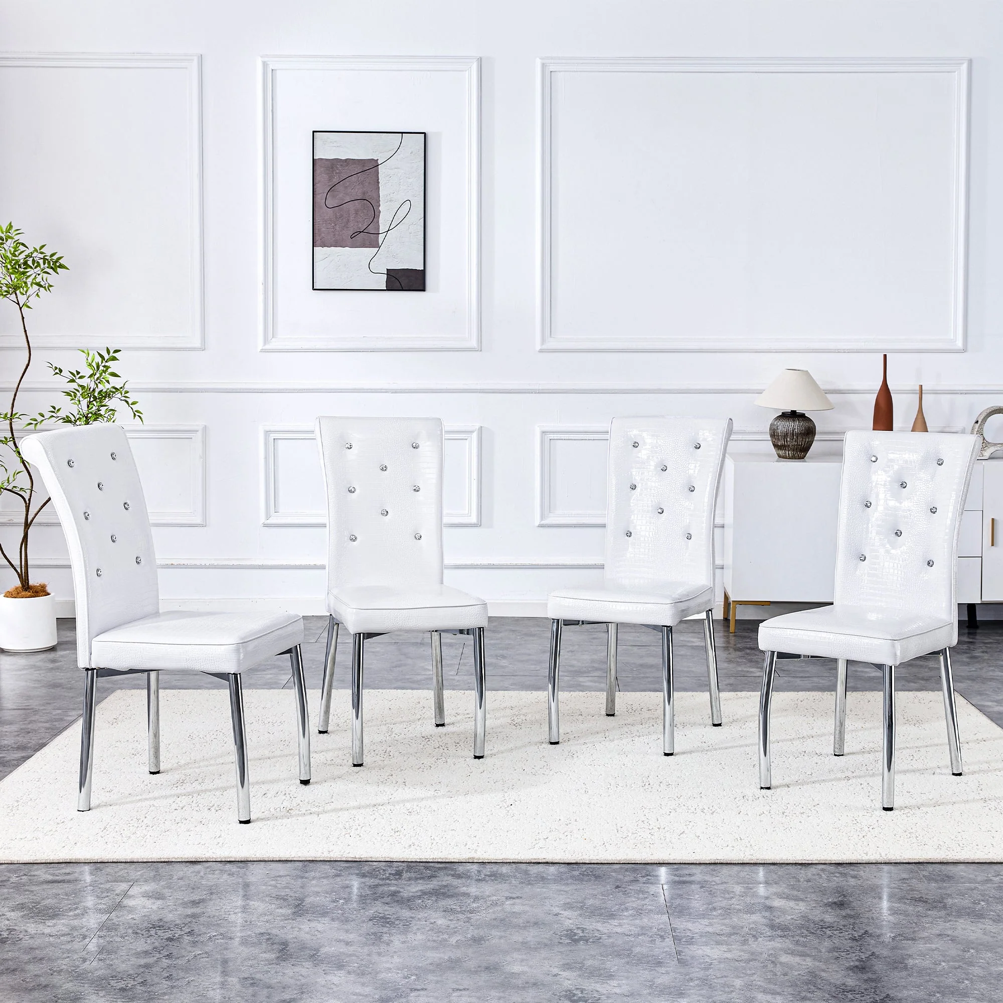 Set of 2 Dining Chairs, Retro Alligator Skin Upholstered Crystal Buckle Metal Legs, Faux Leather - Image 5