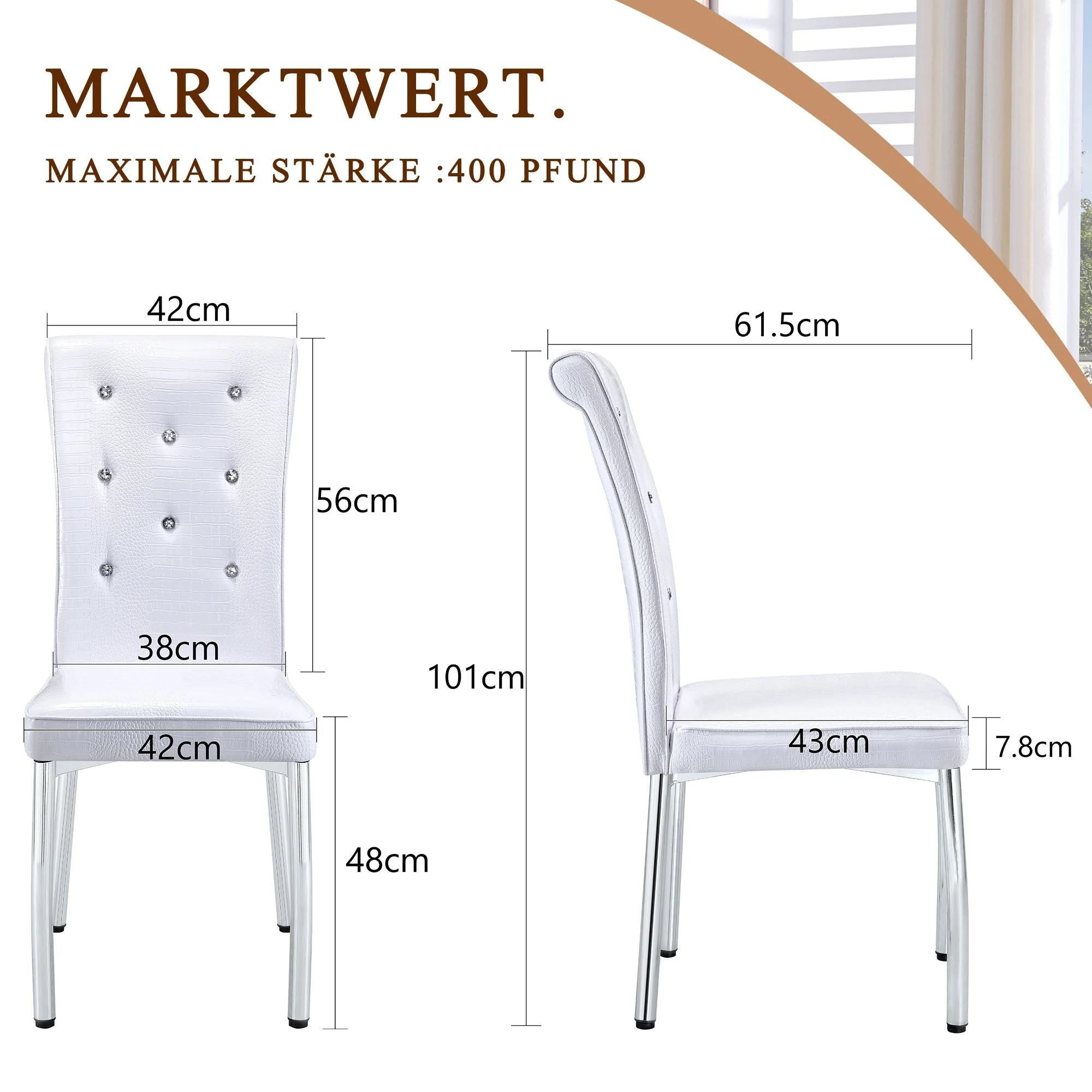 Set of 2 Dining Chairs, Retro Alligator Skin Upholstered Crystal Buckle Metal Legs, Faux Leather - Image 7