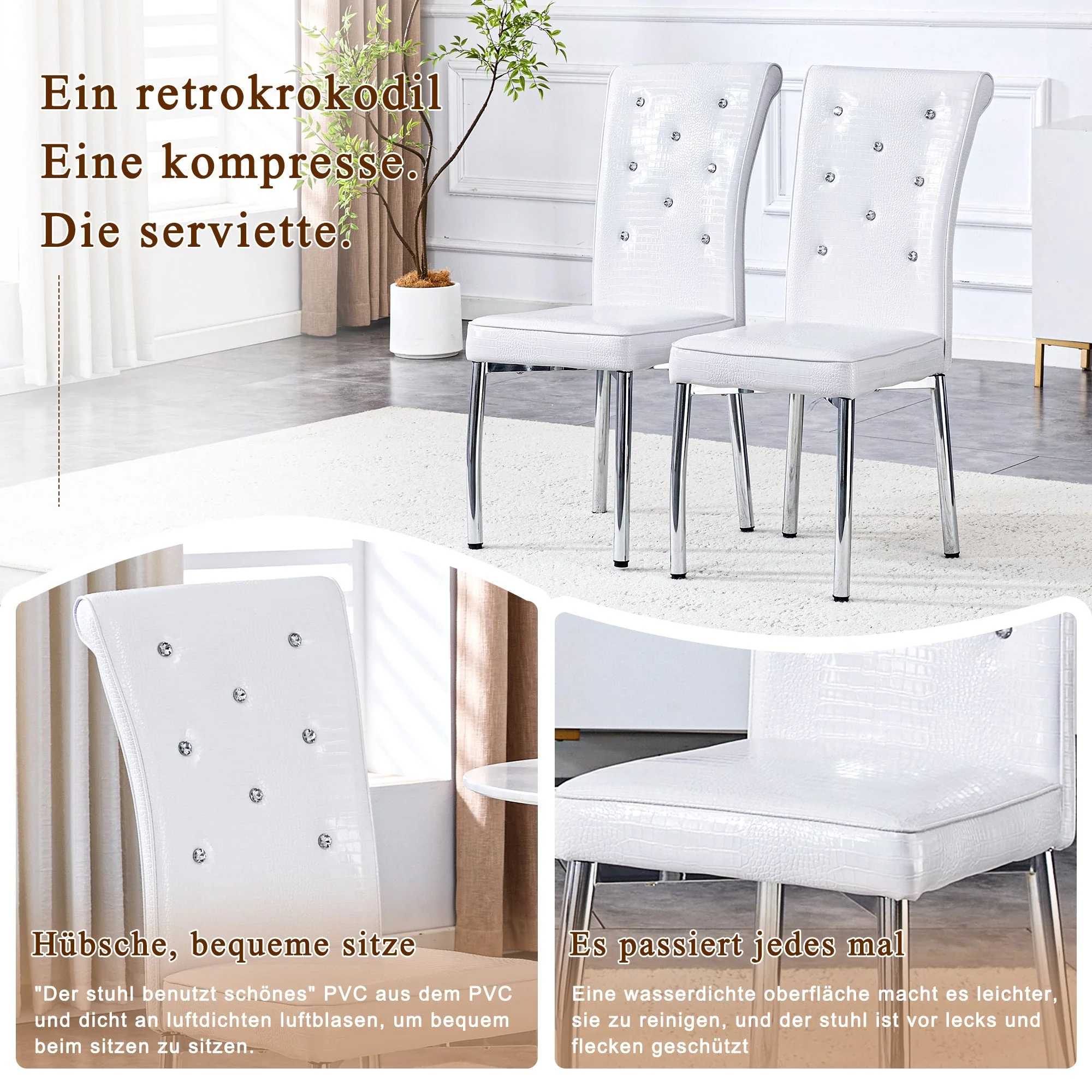 Set of 2 Dining Chairs, Retro Alligator Skin Upholstered Crystal Buckle Metal Legs, Faux Leather - Image 8