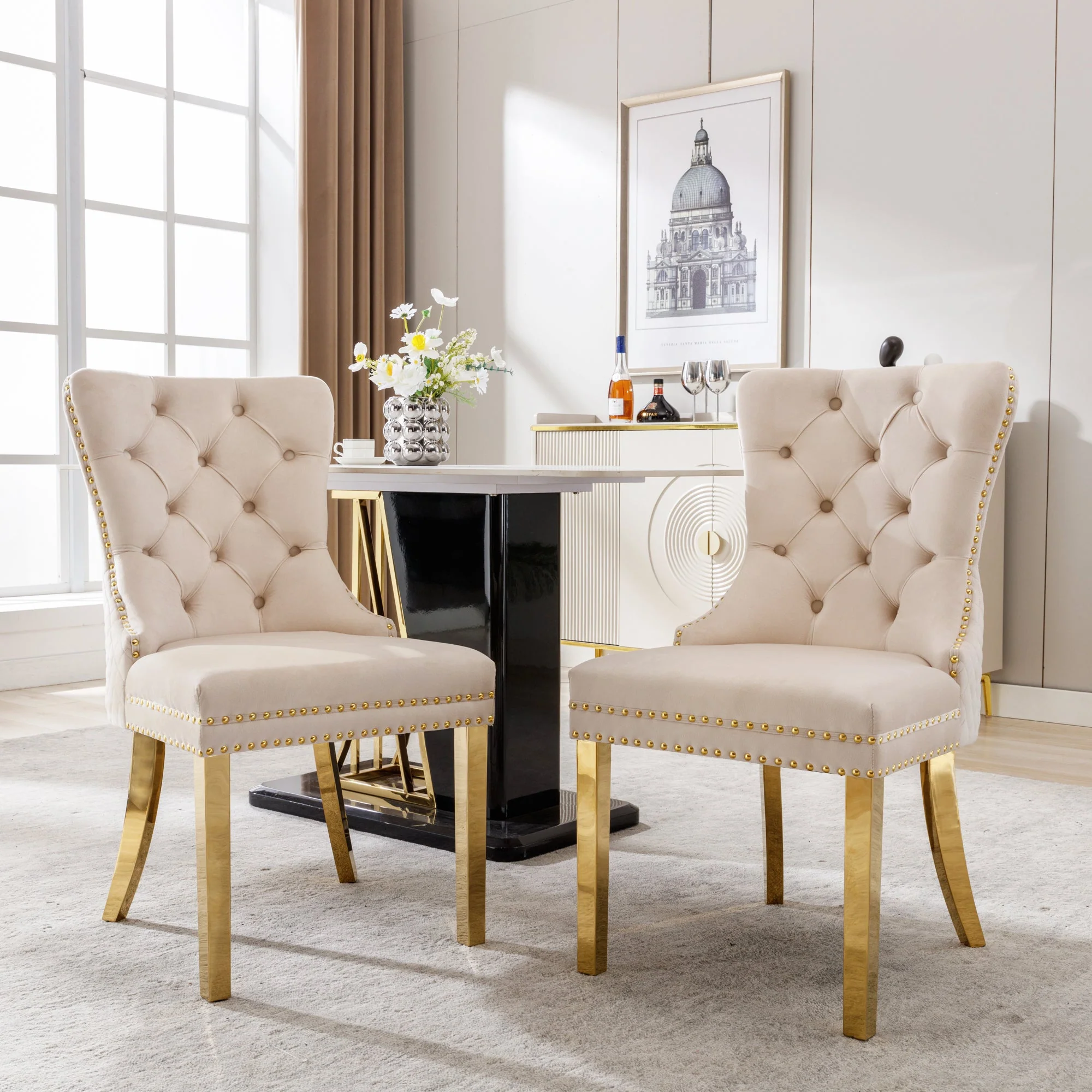 Set of 2 Dining Chairs Upholstered Door Knocker Back Gold-Plated Legs Beige Velvet/Gold