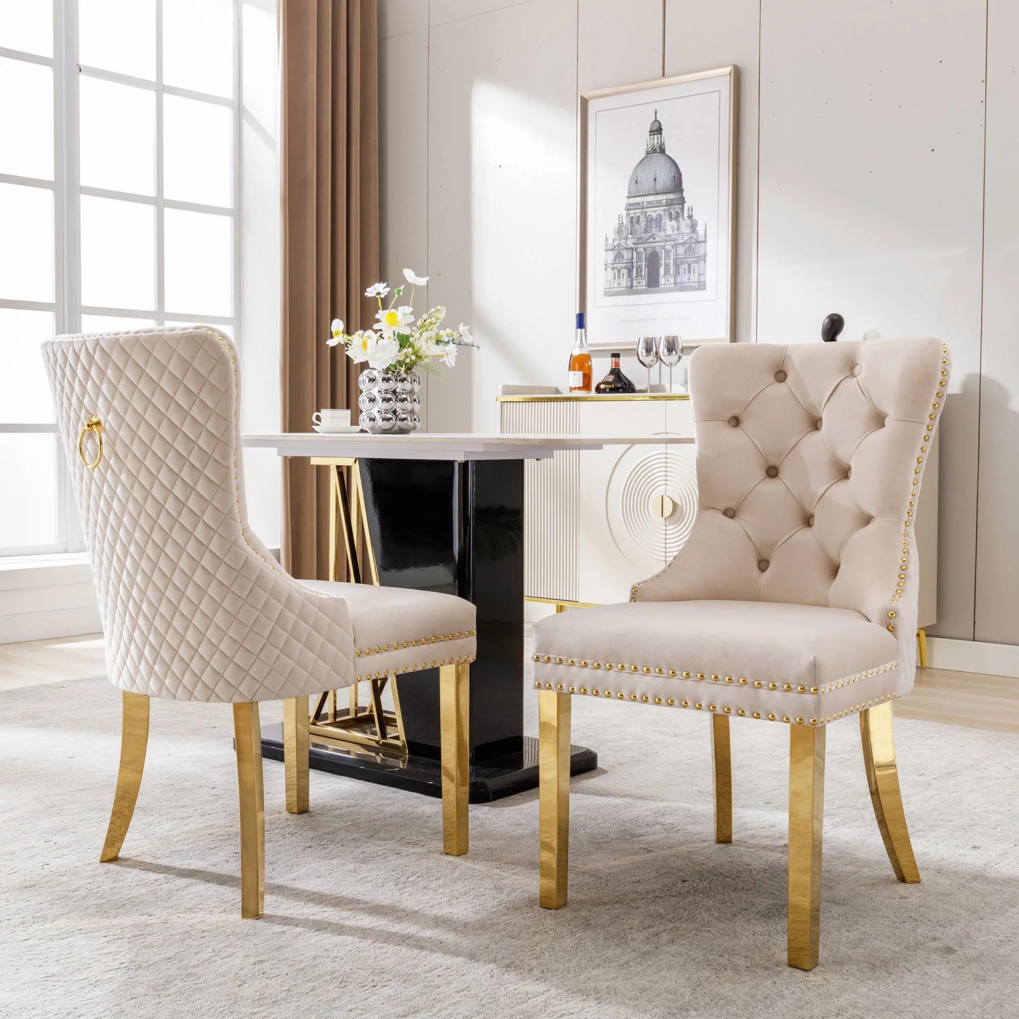 Set of 2 Dining Chairs Upholstered Door Knocker Back Gold-Plated Legs Beige Velvet/Gold - Image 2