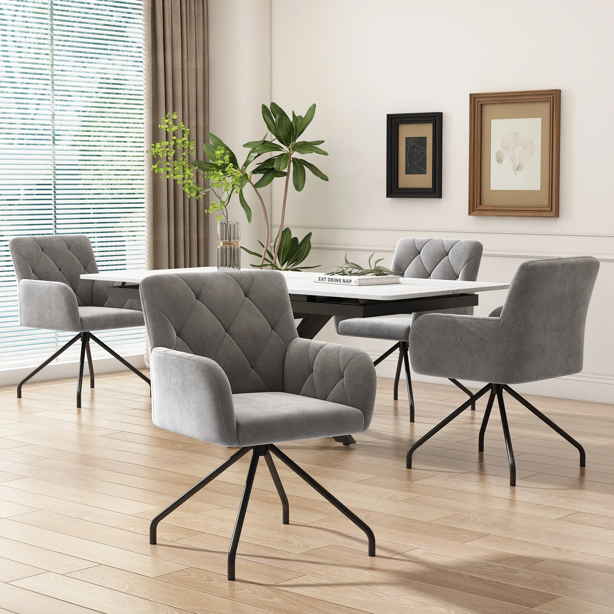 Set of 2 Dining Chairs with Diamond Pattern and Lumbar Support, Light Grey Velvet - Image 2
