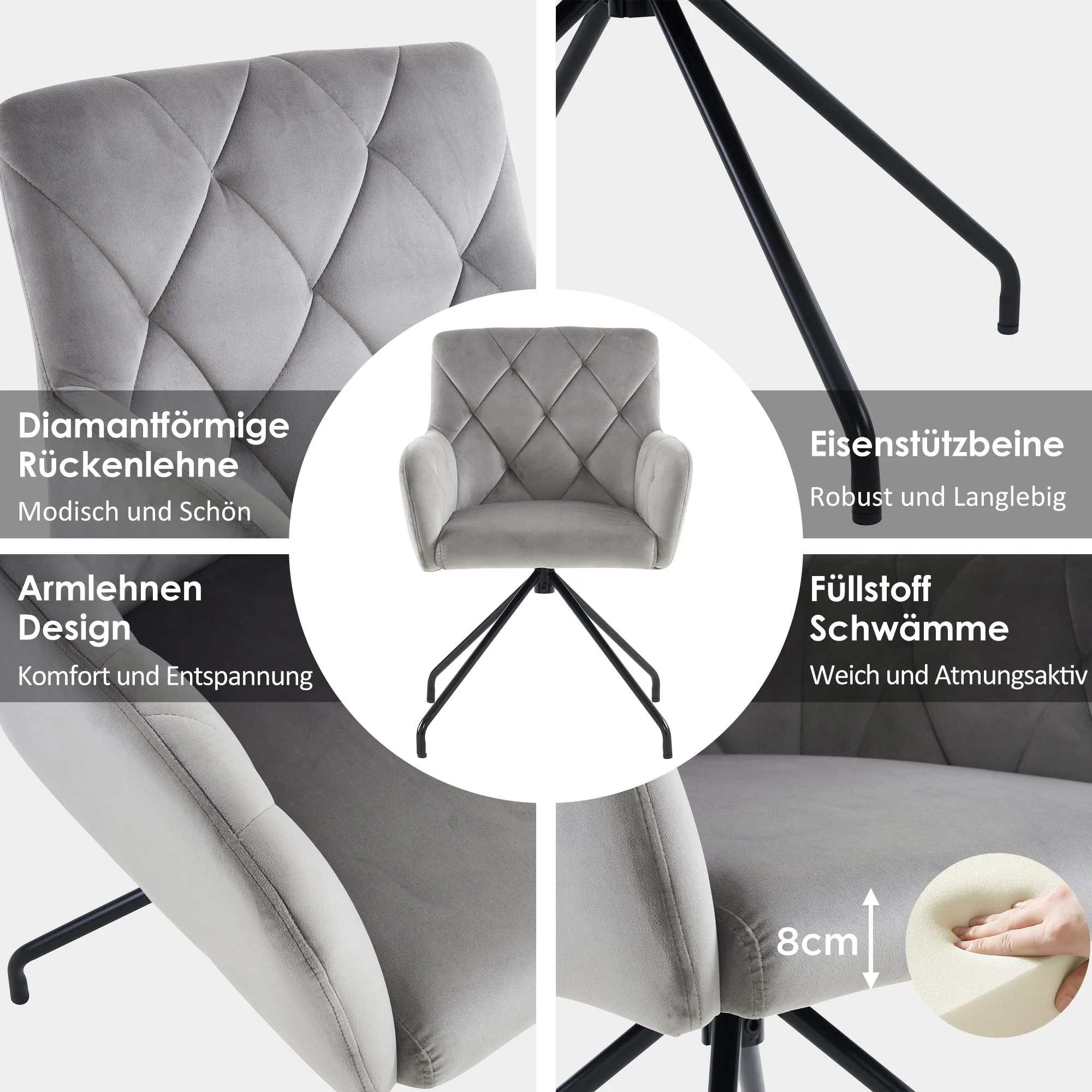 Set of 2 Dining Chairs with Diamond Pattern and Lumbar Support, Light Grey Velvet - Image 4
